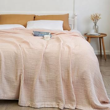 100% Cotton Muslin Blanket, Breathable Layering Bedspread Blanket, All Season Gauze Rose Pink, King108"x90"