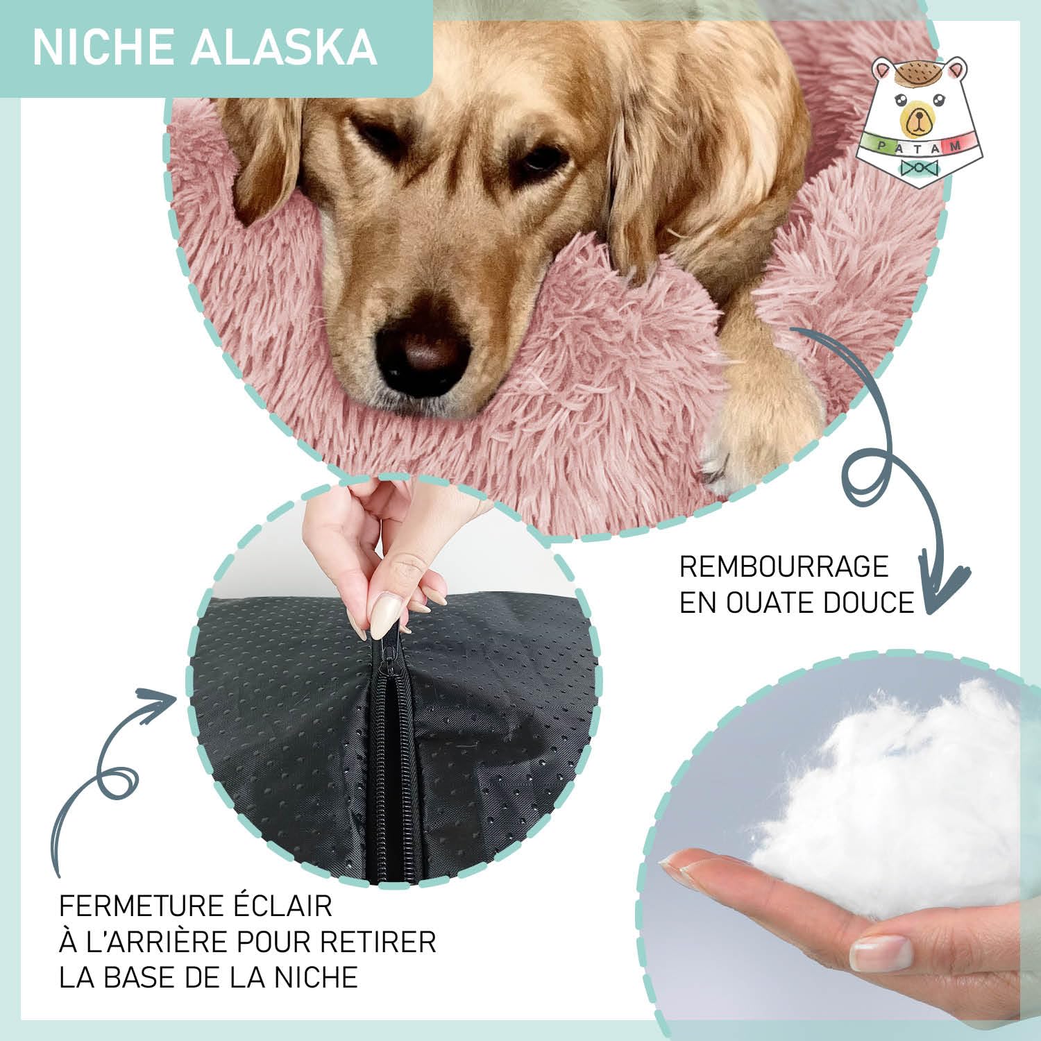 Niche Poilue - Lit en Peluche pour Chiens et Chats, déhoussable, antidérapant, Lavable en Machine - Alaska Rose, Extra Large 81 cm