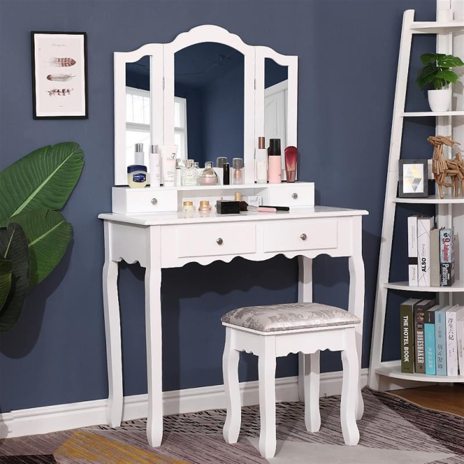 Specchio da trucco con contenitore, elegante consolle per camera da letto e soggiorno, perfetto per vestirsi e esporre accessori