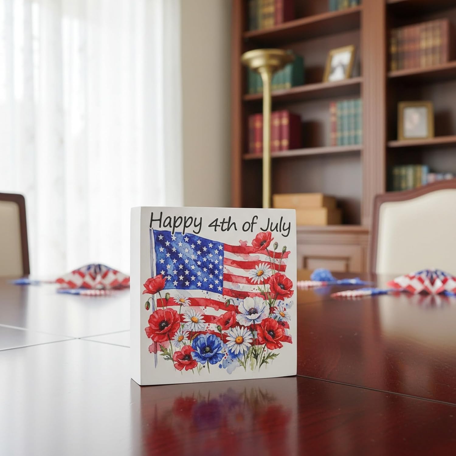 4th of July Table Decorations - Flower Patriotic Table Decorations Red White and Blue Wood Box Wooden Sign for Table Bathroom Home Shelf Office Decor 5×5 Inch image 3