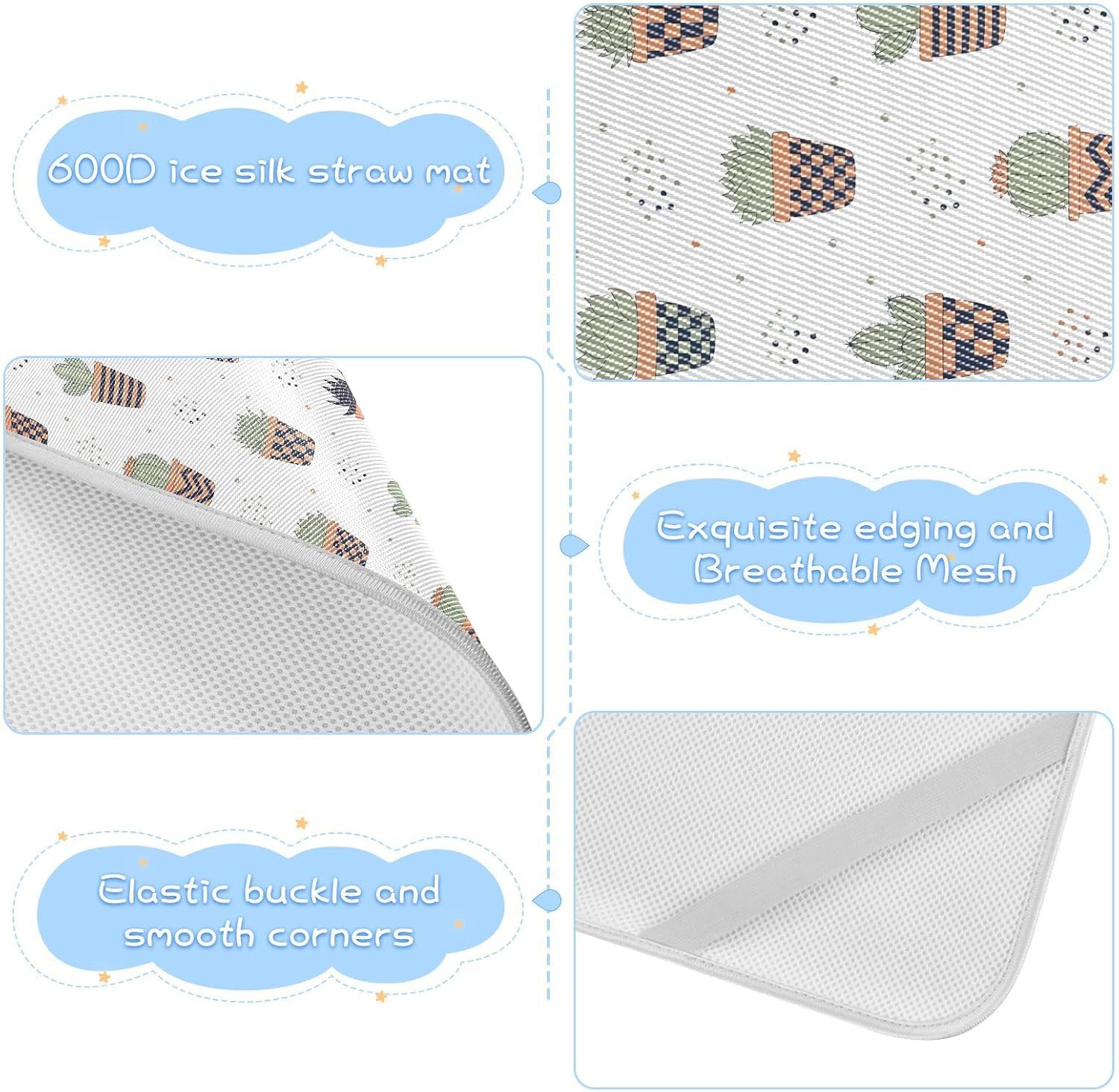 Baby Cooling Mat Cacti Plant Pots Ice Silk Breathable Mesh Summer Crib Mattress Pad with Pillowcase, Soft Cooling Sleeping Surface for Infant & Toddler, 52"x28"