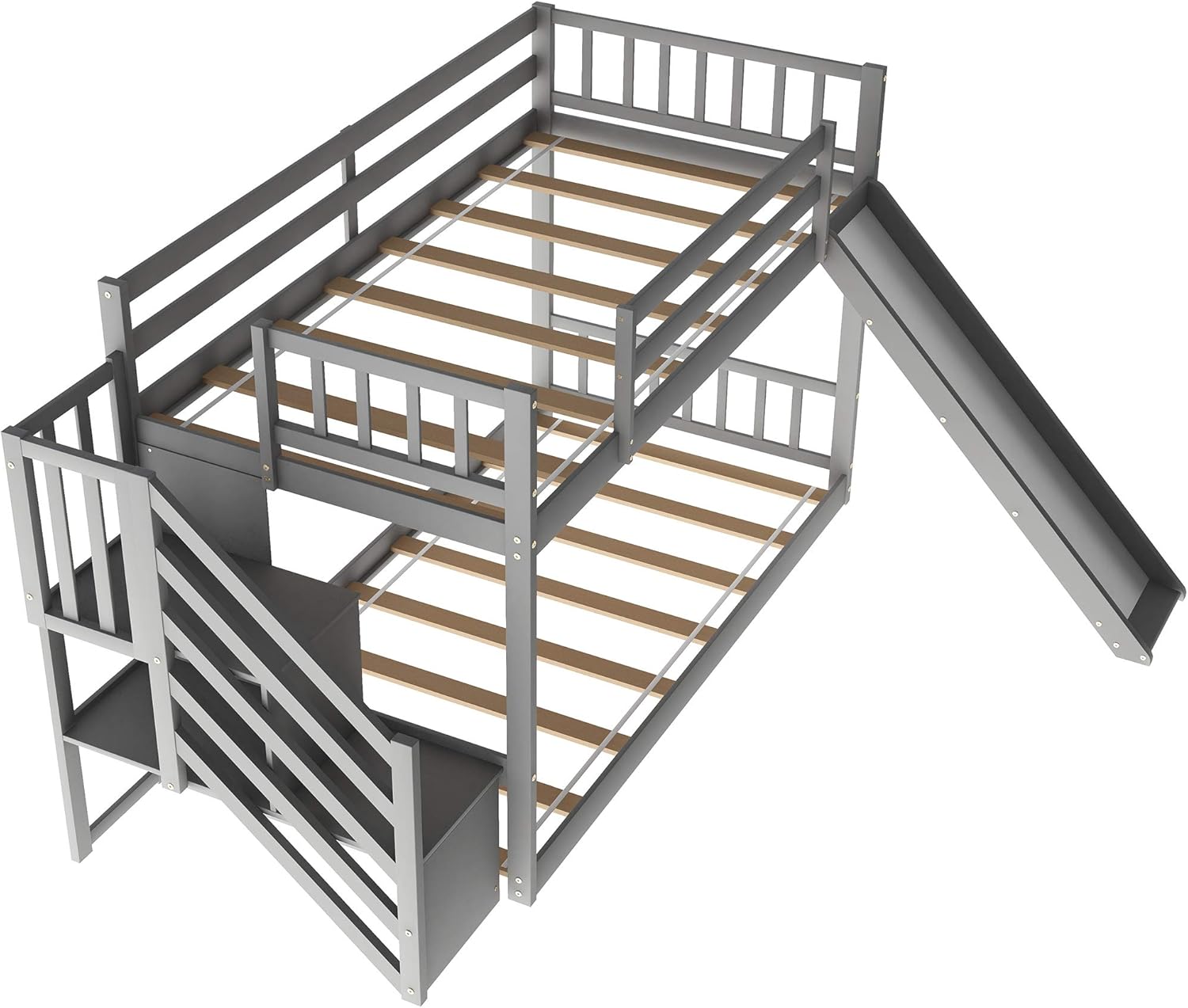 KLMM Solid Wood Low Bunk Bed for Kids, Twin Over Twin Floor Bunk Bed with Slide and Stair, Stairway with Storage Shelves/Handrail, Space-Saving Bedroom Dormitory Furniture (Gray)