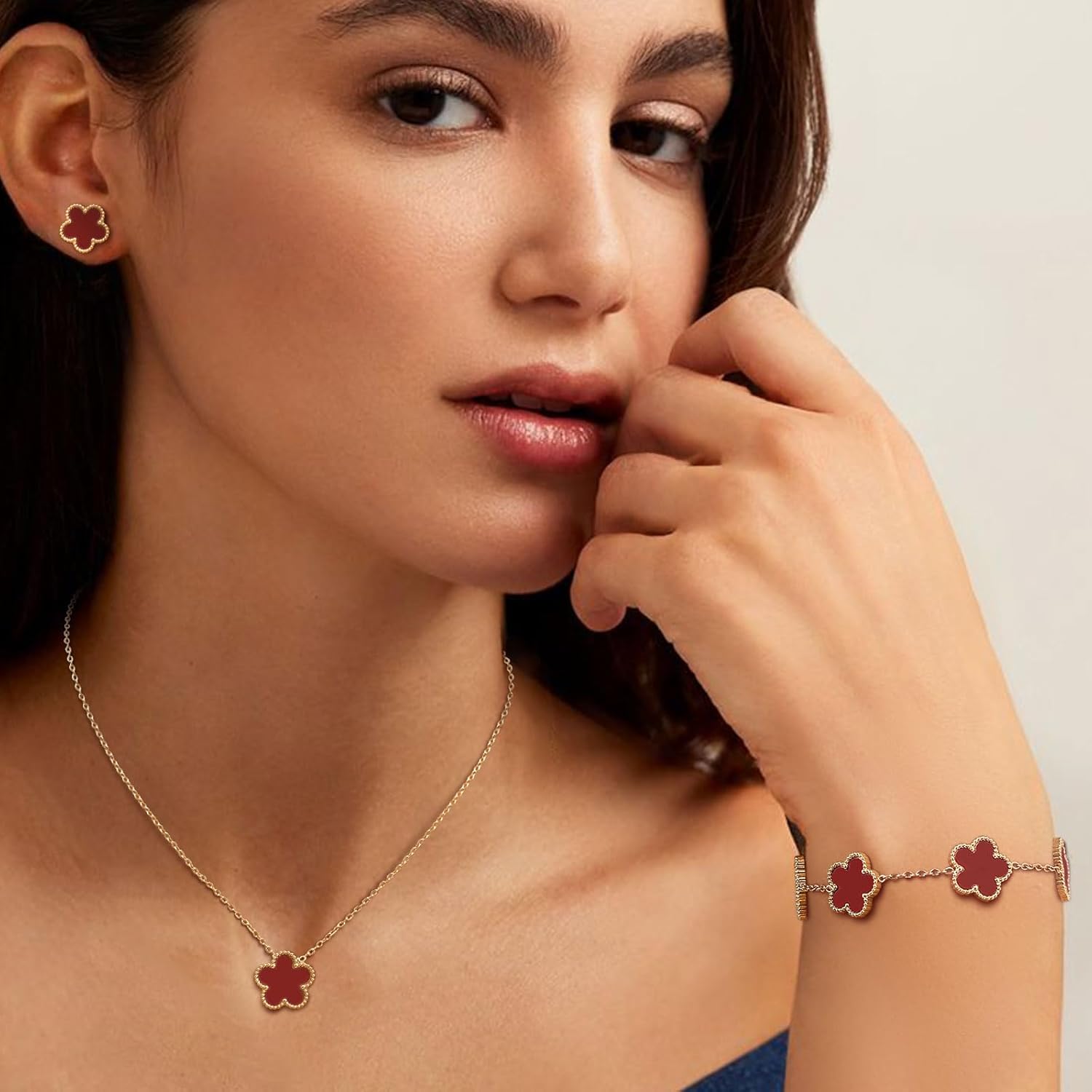 Gold Necklaces Bracelets Earring Set - 18K Gold Plated Flower Bracelet Chain,Stainless Steel Non Tarnish Floral Pendant Stud Jewelry Sets,Christmas Birthday Lucky Gift for Mom Wife Daughter Girlfriend - Image 4