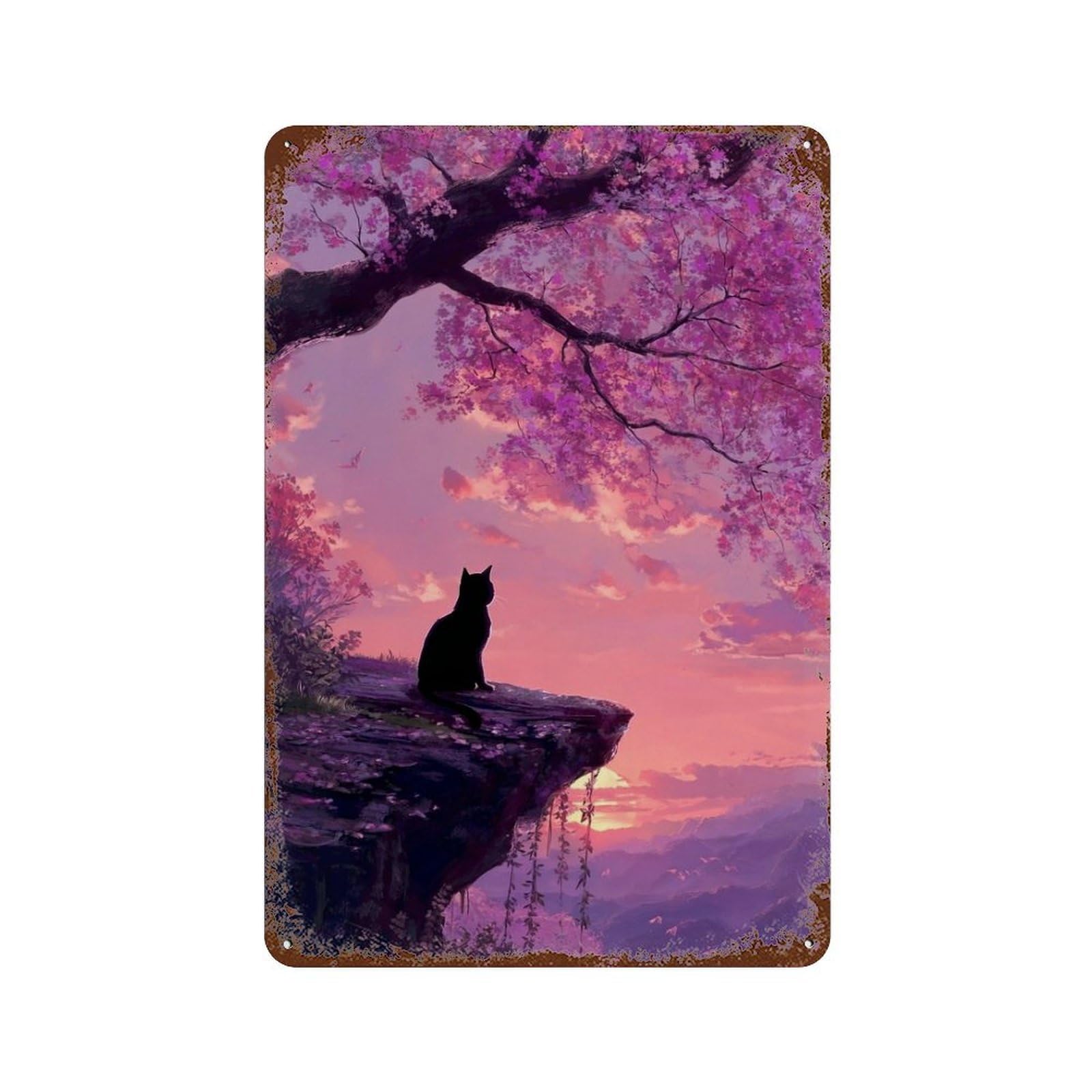 Cherry Blossom Cat Sunset-2 Aged Metal Wall Plaque 11.8"x7.9", Rustic Home Decor for Garage, Pub Or Kitchen