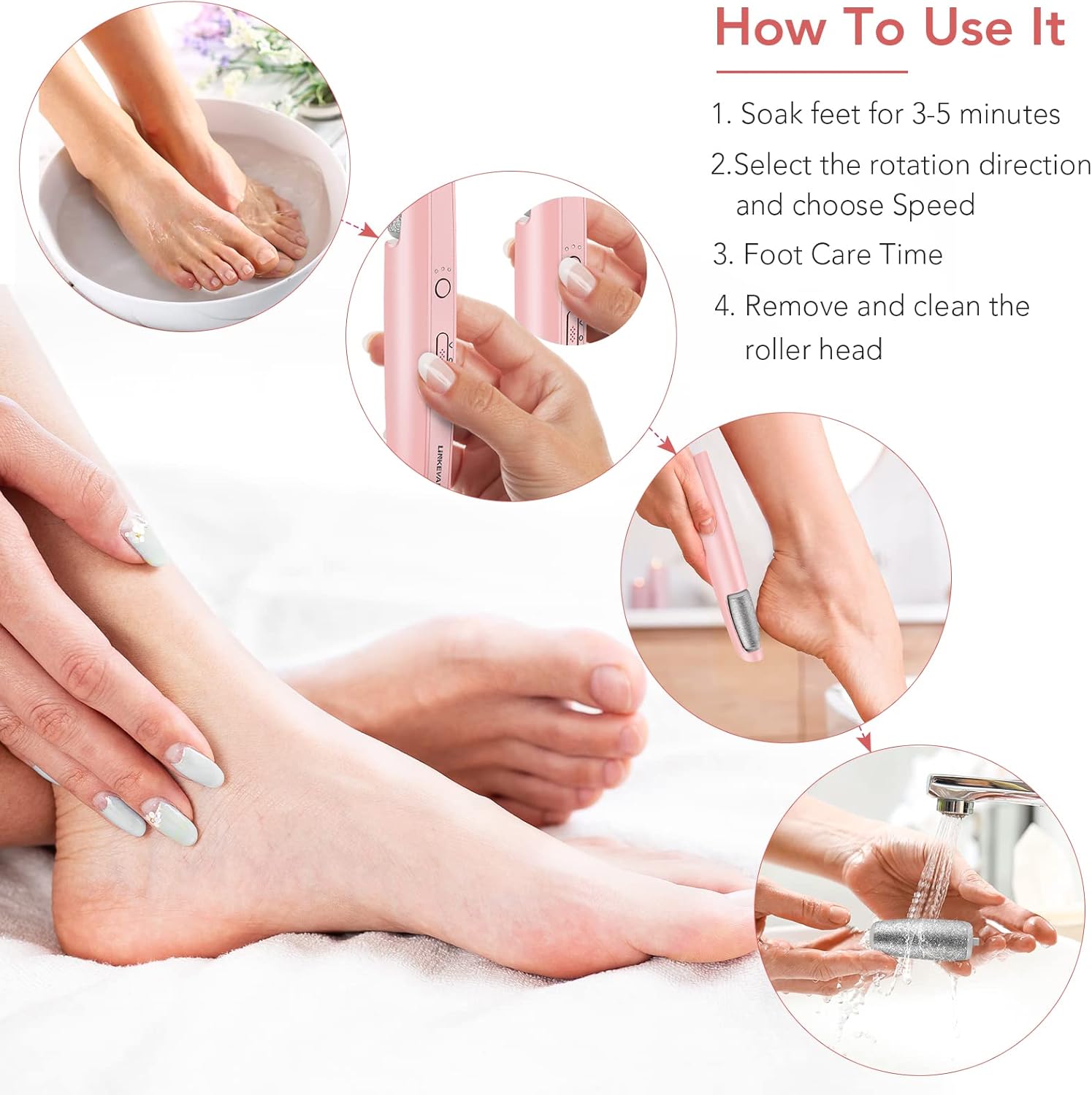 Electric Callus Remover for Feet, Professional Pedicure Kit Foot Scrubber for Dry, Dead, Cracked, Hard Skin, at Home Feet Spa Care Kit for Men & Women (Pink-A)