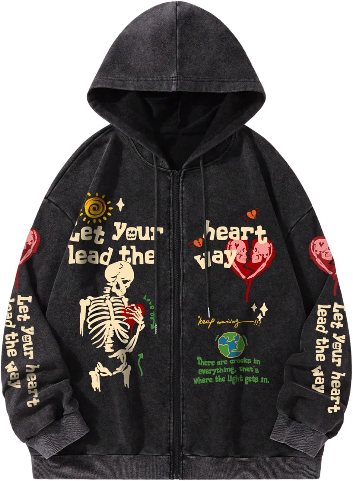Men's Washed Graphic Hoodies Grunge Vintage Lightweight Hip Hop Zip Up Sweatshirt