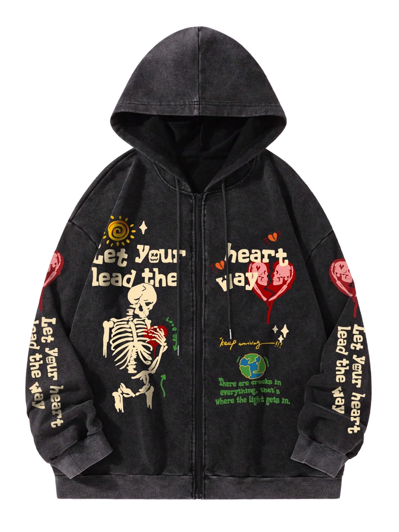 Men's Washed Graphic Hoodies Grunge Vintage Lightweight Hip Hop Zip Up Sweatshirt