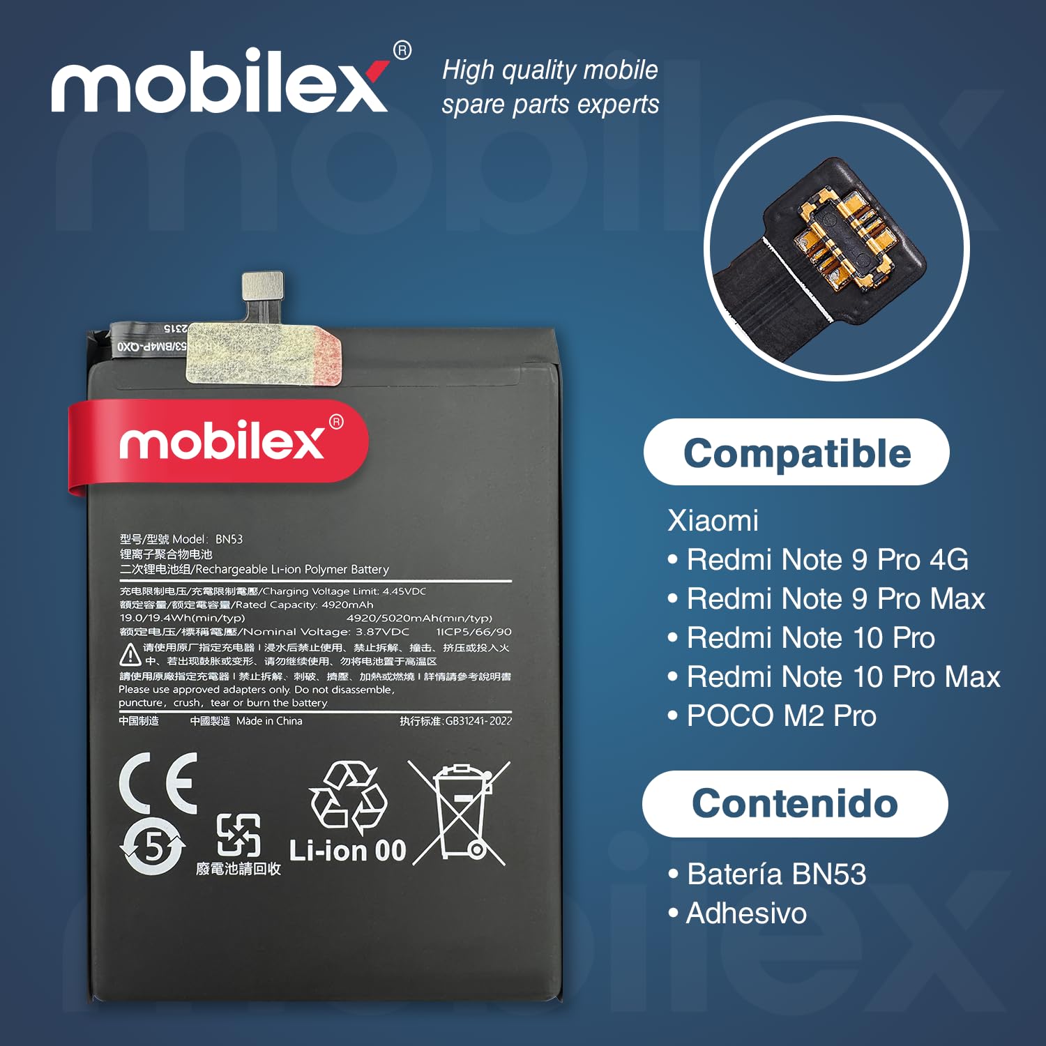 MOBILEX® Batería BN53 para Xiaomi Redmi Note 9 Pro / 9 Pro MAX / 10 Pro 4G / 10 Pro / 10 Pro MAX/Poco M2 Pro | 5020mAh - OEM | Interna con Adhesivo | Capacidad Original