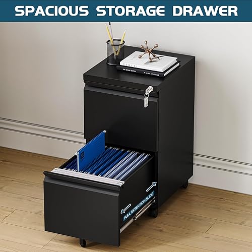 Miniatura 5 de MIIIKO Archivador de 2 cajones sobre ruedas, oficina en casa móvil debajo del escritorio con cerradura, cajones verticales para archivos legalcartaA4