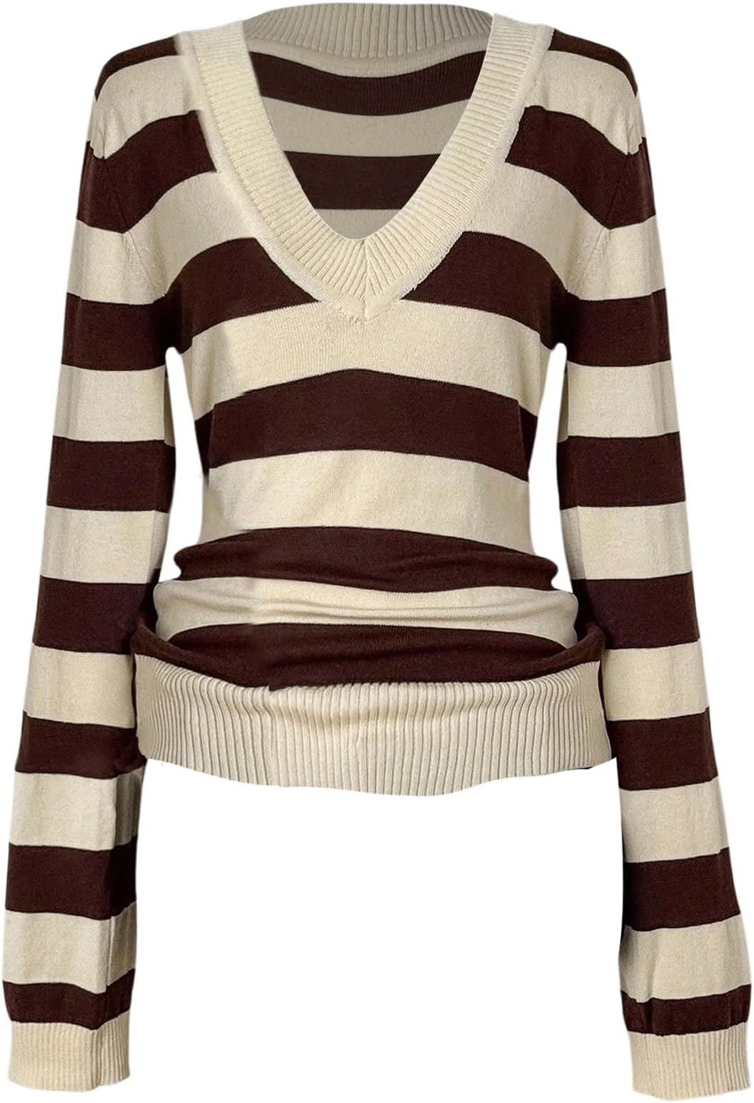 Women's Colorblock Fall Sweaters Striped Knit Pullovers Slim Fitted Tops