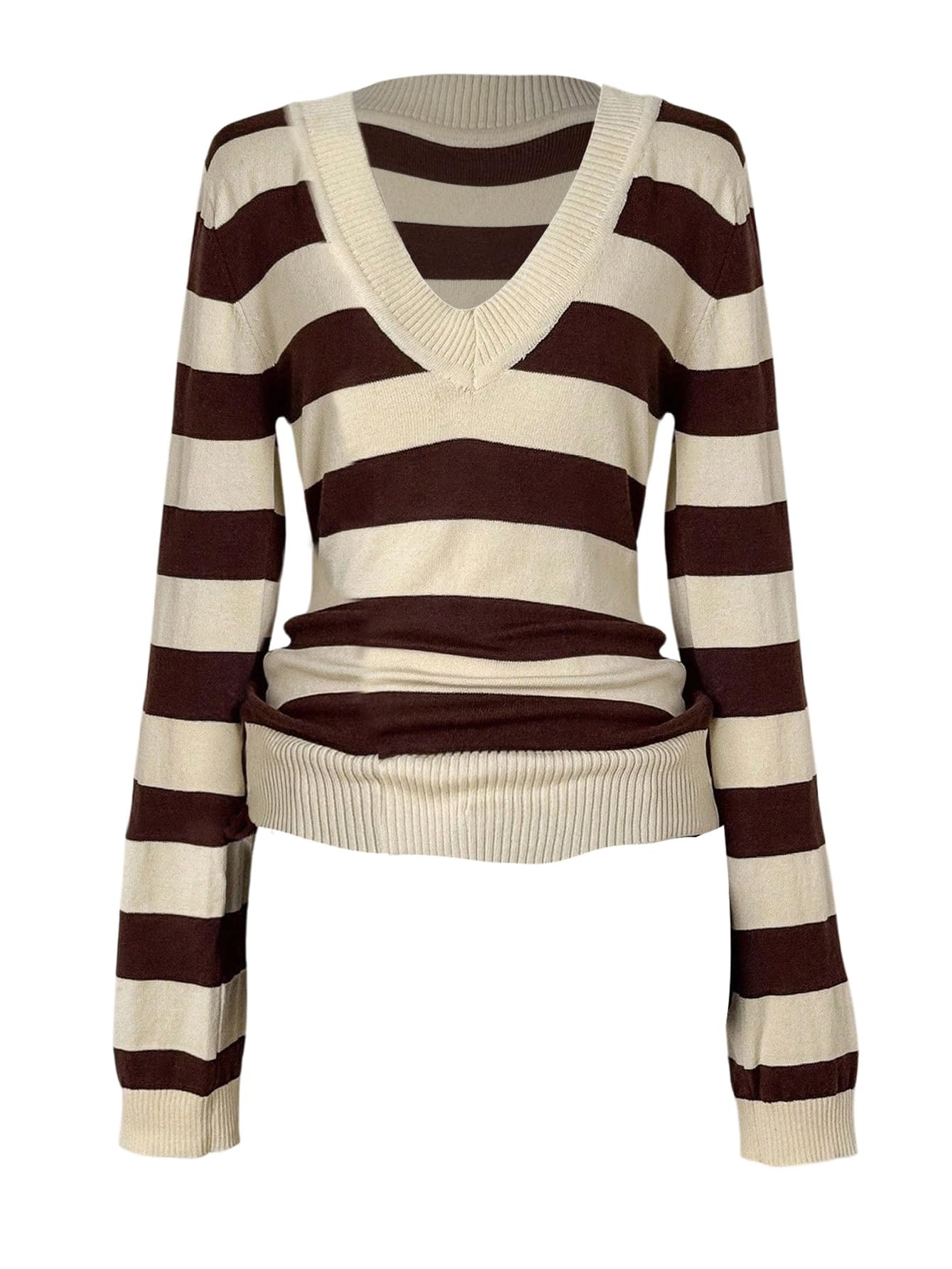 MakeMeChic Womens Striped Sweater Fall V Neck Long Sleeve Fitted Retro Pullovers Knit Top