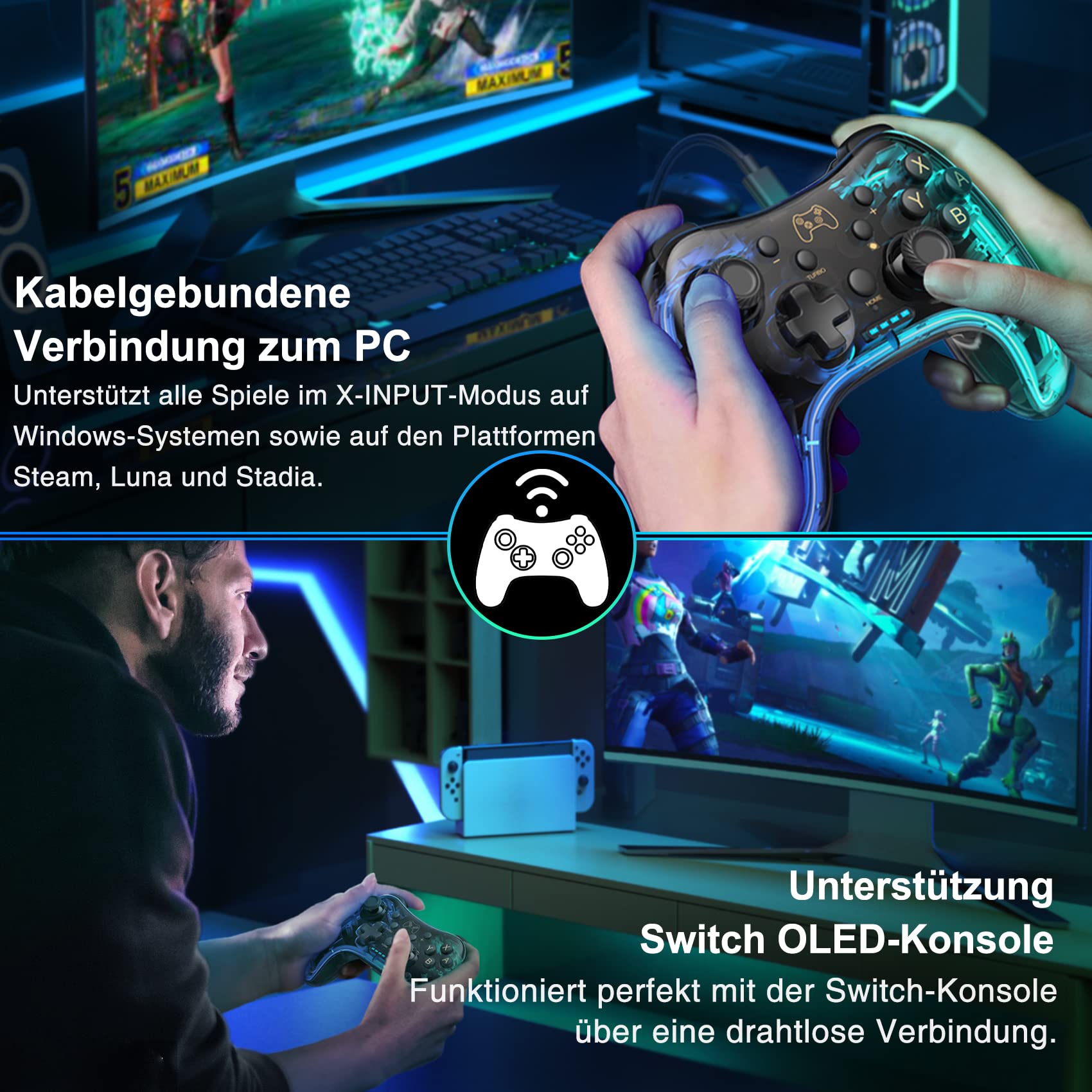HASACOOL Manette Switch Pro avec transparent/lumineux/réveil/application de contrôle sans fil compatible avec Android/iOS/PC, Switch pour Switch/Lite/OLED