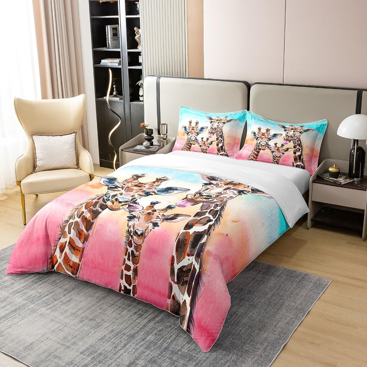 jejeloiu Cute Giraffe Duvet Cover 100% Cotton Twin Size Zoo Animal Bedding Cotton Duvet Cover Set Cartoon Animal Colorful Bedspread Cover