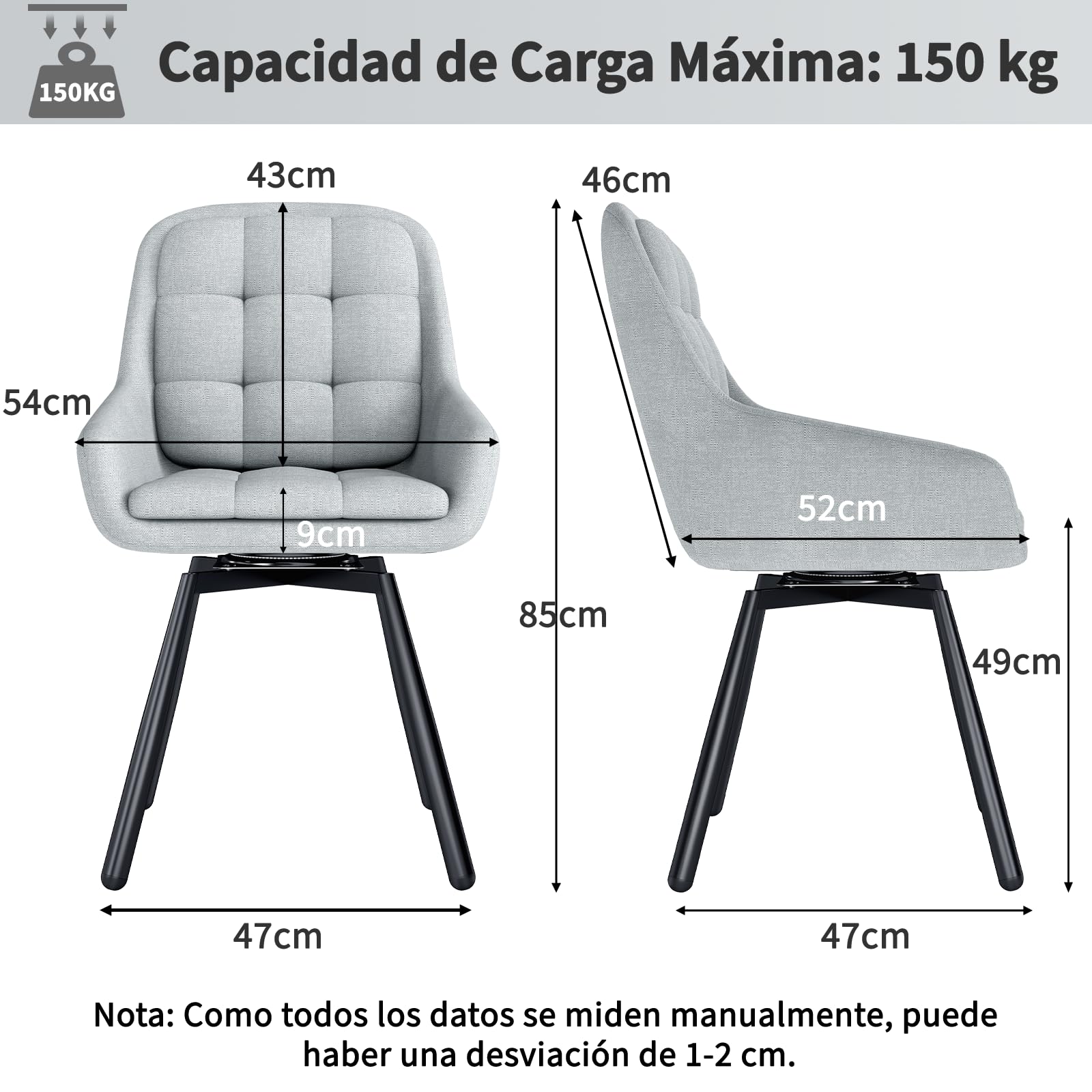 JIJIAN Juego de 4 Sillas de Comedor Giratorias 360° con Reposabrazos, Silla Acolchada con Patas Metálicas, para Salón, Cocina, Dormitorio y Estudio, Gris Claro