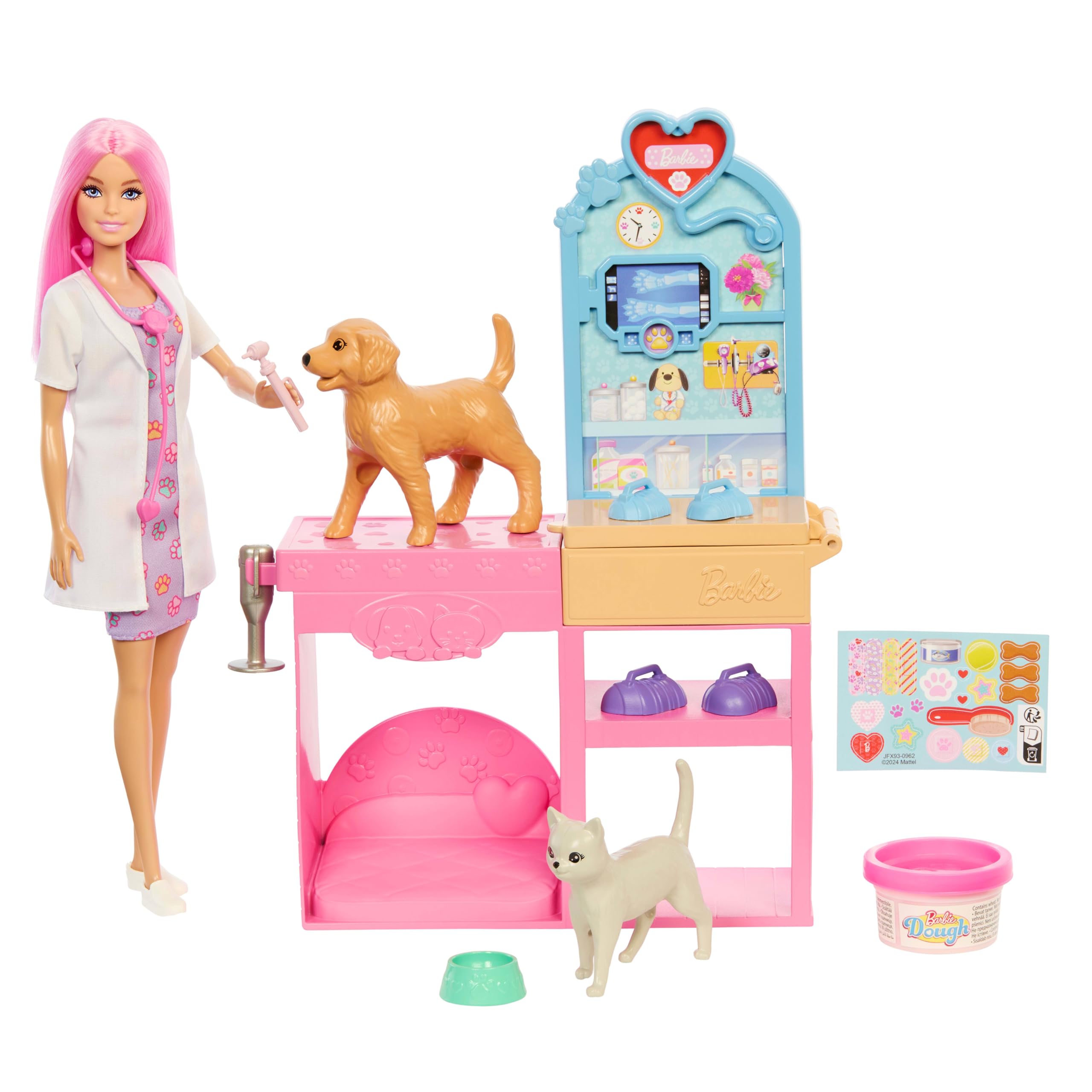 Barbie Gute Besserung Tierkrankenstation-Spielset aus Modepuppe mit rosa gefärbten Haaren, Tierarzt-Möbeln und mehr als 10 Zubehörteilen, einschließlich Förmchen und Knete zum Bandagieren, JFX93