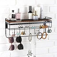 Vista 6 de JackCubeDesign MK237C - Organizador colgante de joyería con 9 ganchos, collar y aretes, pulsera, soporte para lentes de sol con estante de madera