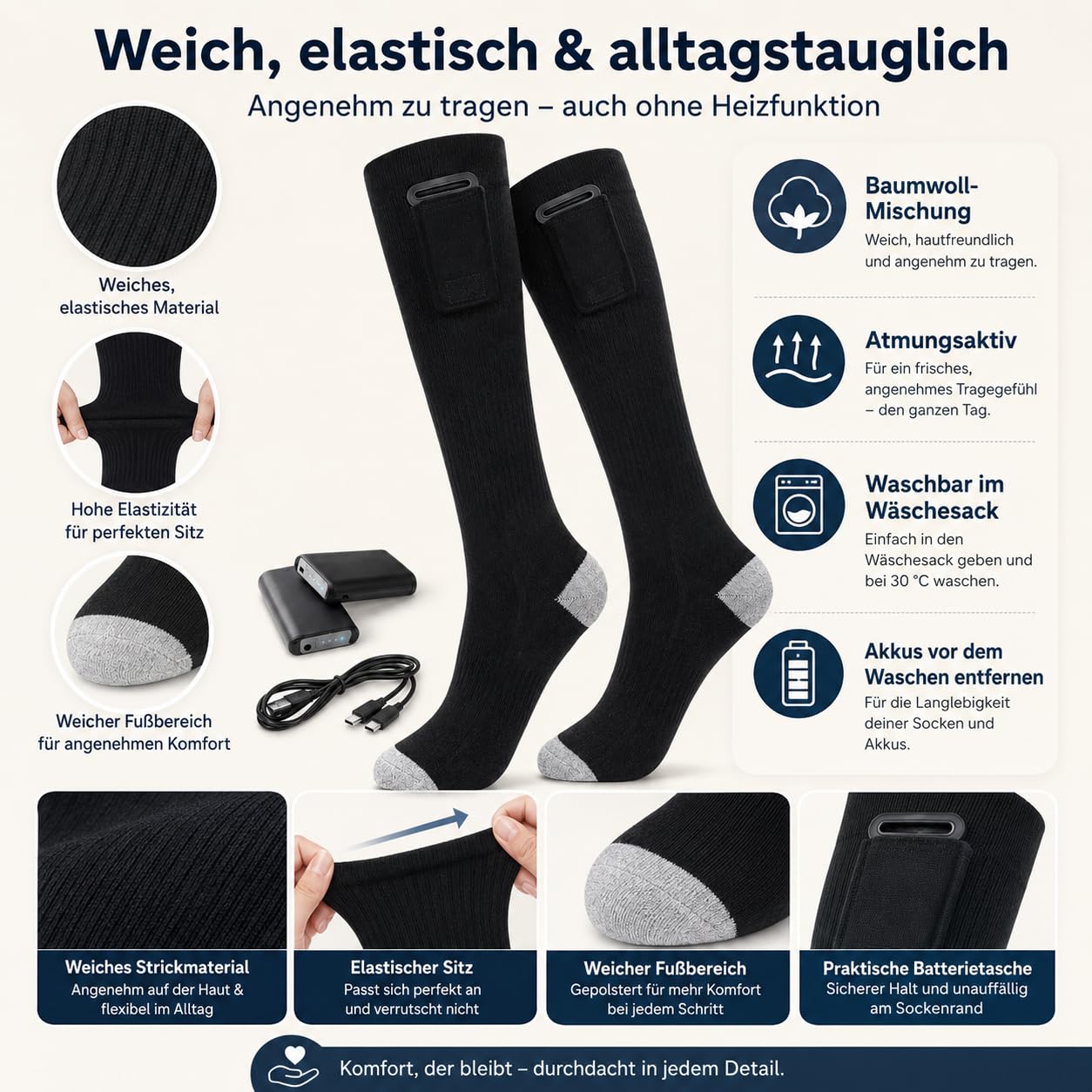 Elektrisch beheizte Socken mit 4000 mAh Akku je Socke, Unisex Wintersocken mit 3 Heizstufen, waschbar, für Outdoor, Skifahren, Wandern, kalte Füße, Geschenkbox