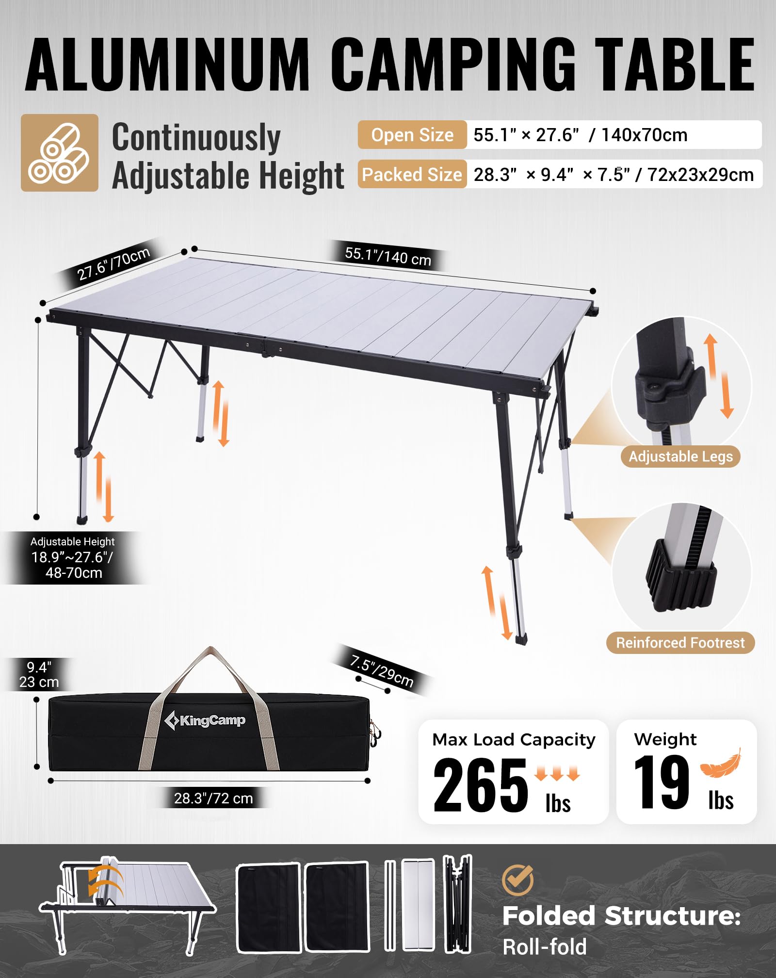 KingCamp Table de Camping Pliable Extra Large Réglable en Hauteur, 140x70cm 48-70cm avec Poches de Rangement, Légère & Stable pour Jardin, Balcon & Extérieur