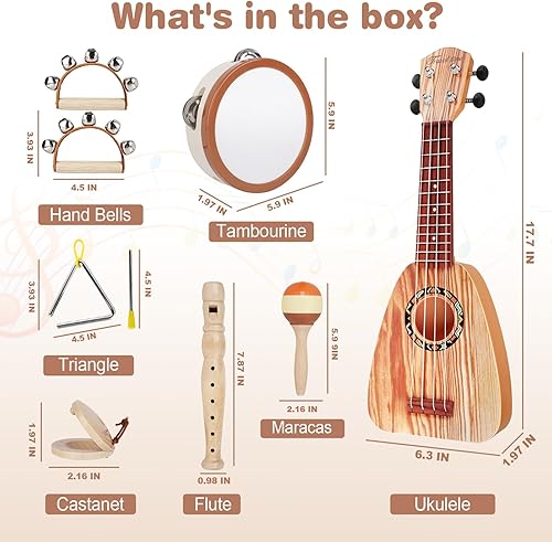 Miniatura 9 de Juego de guitarra para niños, instrumentos musicales 7 en 1 para niños pequeños de 2 a 4 años, juguetes musicales de madera para niños y niñas de 2,