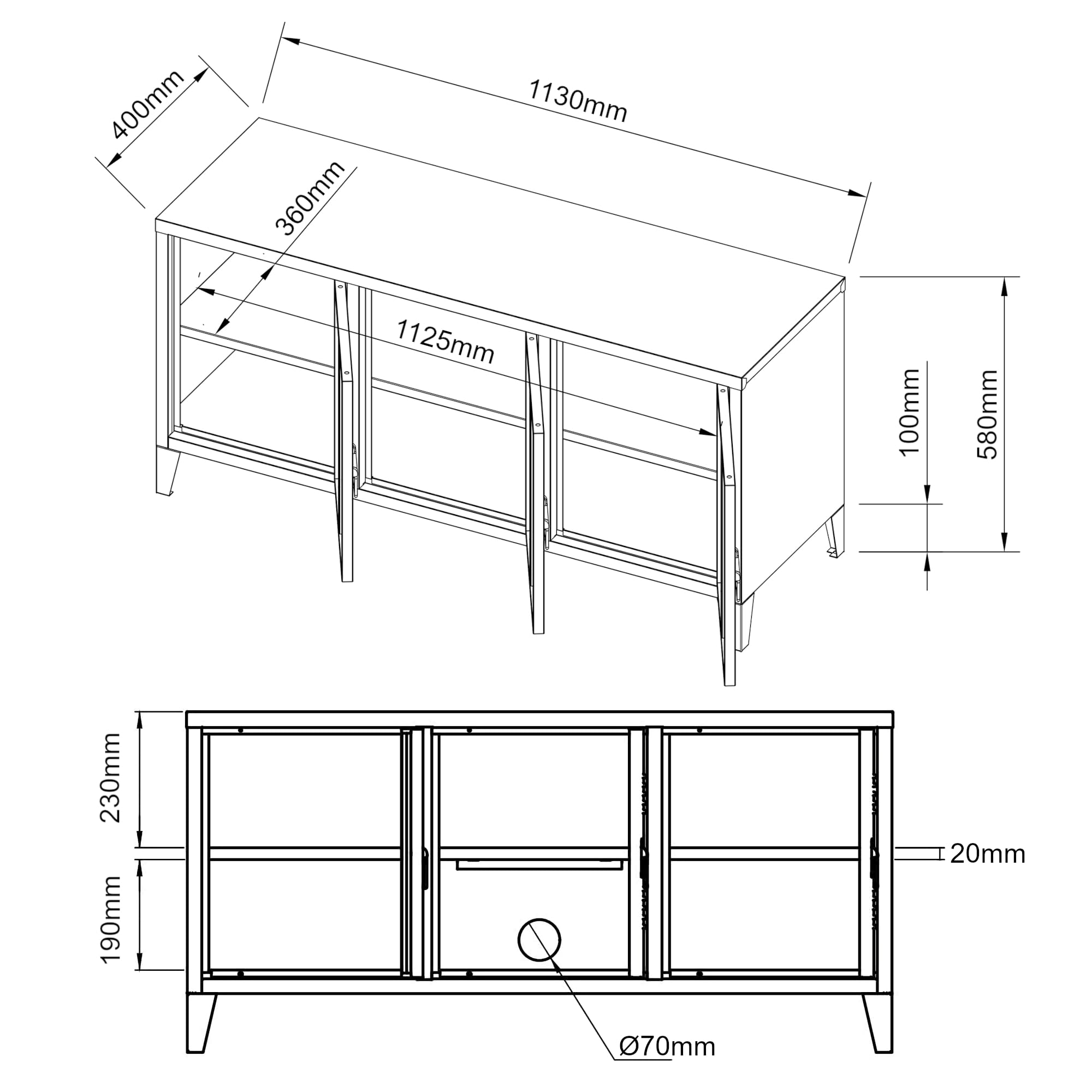 [en.casa] TV Schrank Kotka Lowboard mit 3 Türen TV Board Schwarz Fernsehtisch TV Kommode Fernsehschrank 113 x 40 x 58 cm Metall