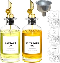Set of 2 Oil and Vinegar Dispenser, Glass Oil Dispenser Bottles, Coffee Syrup Dispenser, Olive Oil Dispensers Bottle for Kitchen with Metal Pour Spout, Weighted Spouts, 40 Labels, Gold (350ML)