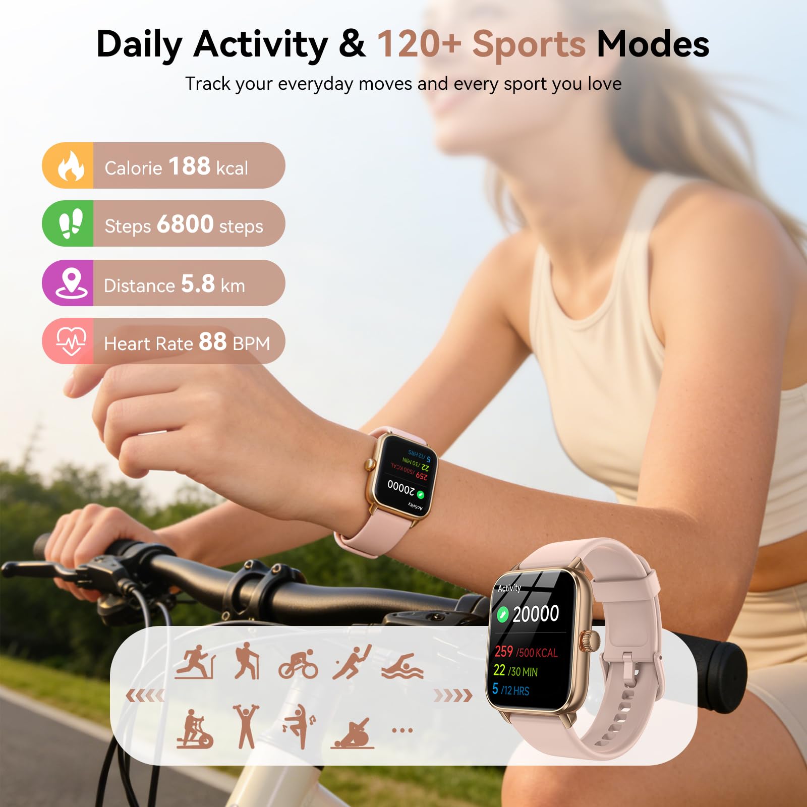 Smart Watches for Men Women, 1.85" HD Touch Screen Fitness Tracker with Bluetooth Calling & Alexa, IP68 Waterproof, 120 Sports Modes, Heart Rate Sleep Monitor, 7 Days Battery for iOS Android (Pink) - 4