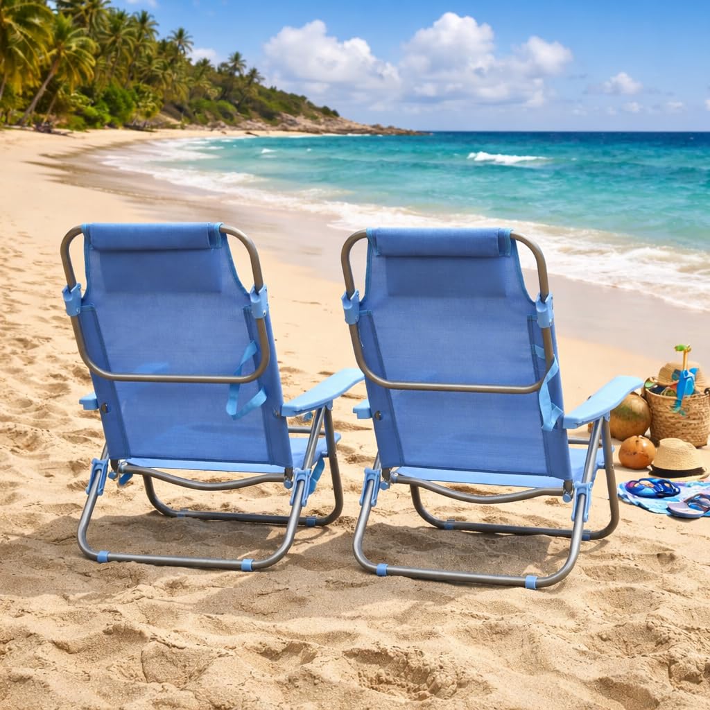 T-LOVENDO.ES Pack de 2 Sillas de Playa Reclinables Plegables con Reposacabezas | Sillas Portátiles para Jardín, Camping, Piscina, Terraza | Estructura de Acero Ligera y Tela Transpirable Resistente