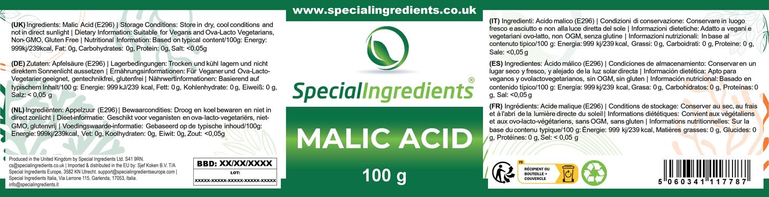 Special Ingredients Apfelsäure Pulver 100 g - Malic Acid - Geschmacksverstärker, Konservierungsmittel & Säureregulator - Für die Herstellung von Wein, Bier & Spirituosen - Premium-Qualität