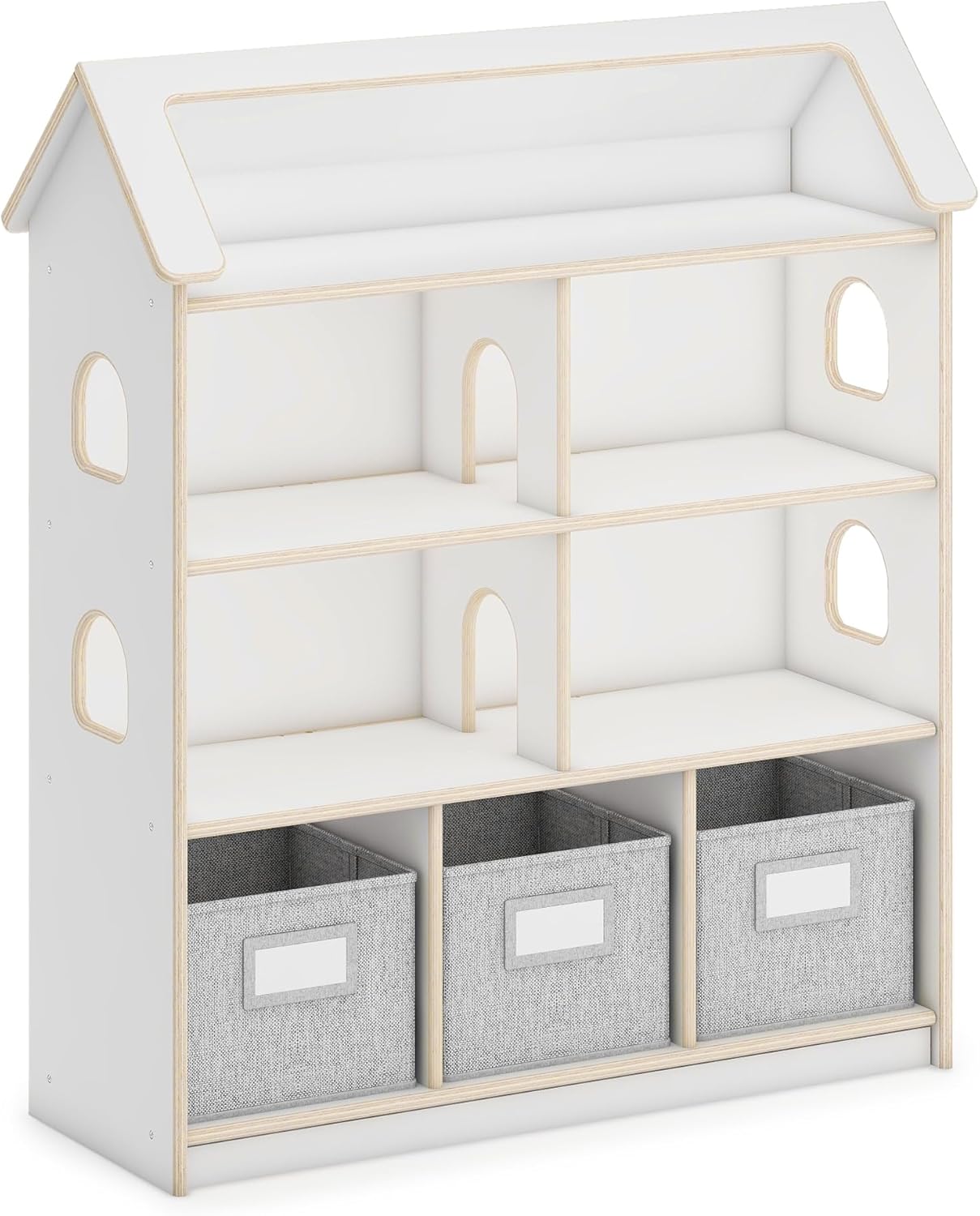 Guidecraft EdQ Dollhouse Bookcase - White: Bookshelf for Kids with Storage Bins for Dolls, Books, Toys, and School Supplies| Kid's Bedroom and Classroom Furniture