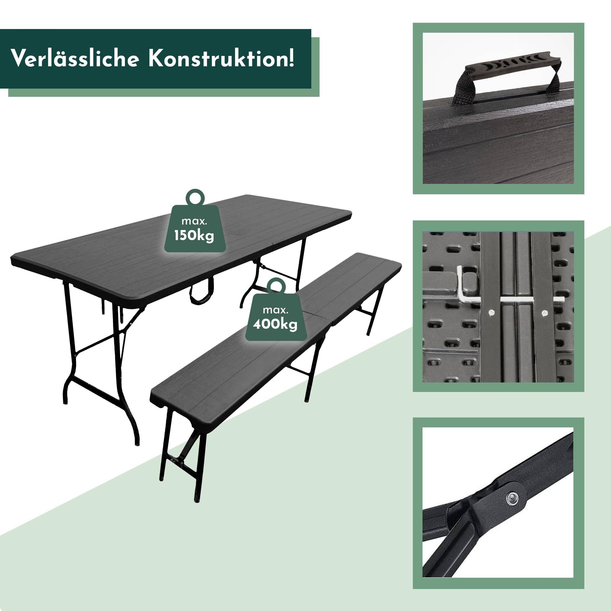 Lemodo Sitzgruppe bestehend aus Tisch und 2 Bänke Bierzeltgarnitur klappbar, 3-teilige Biertischgarnitur, einfach zu transportierende Bierbankgarnitur, Gartengarnitur