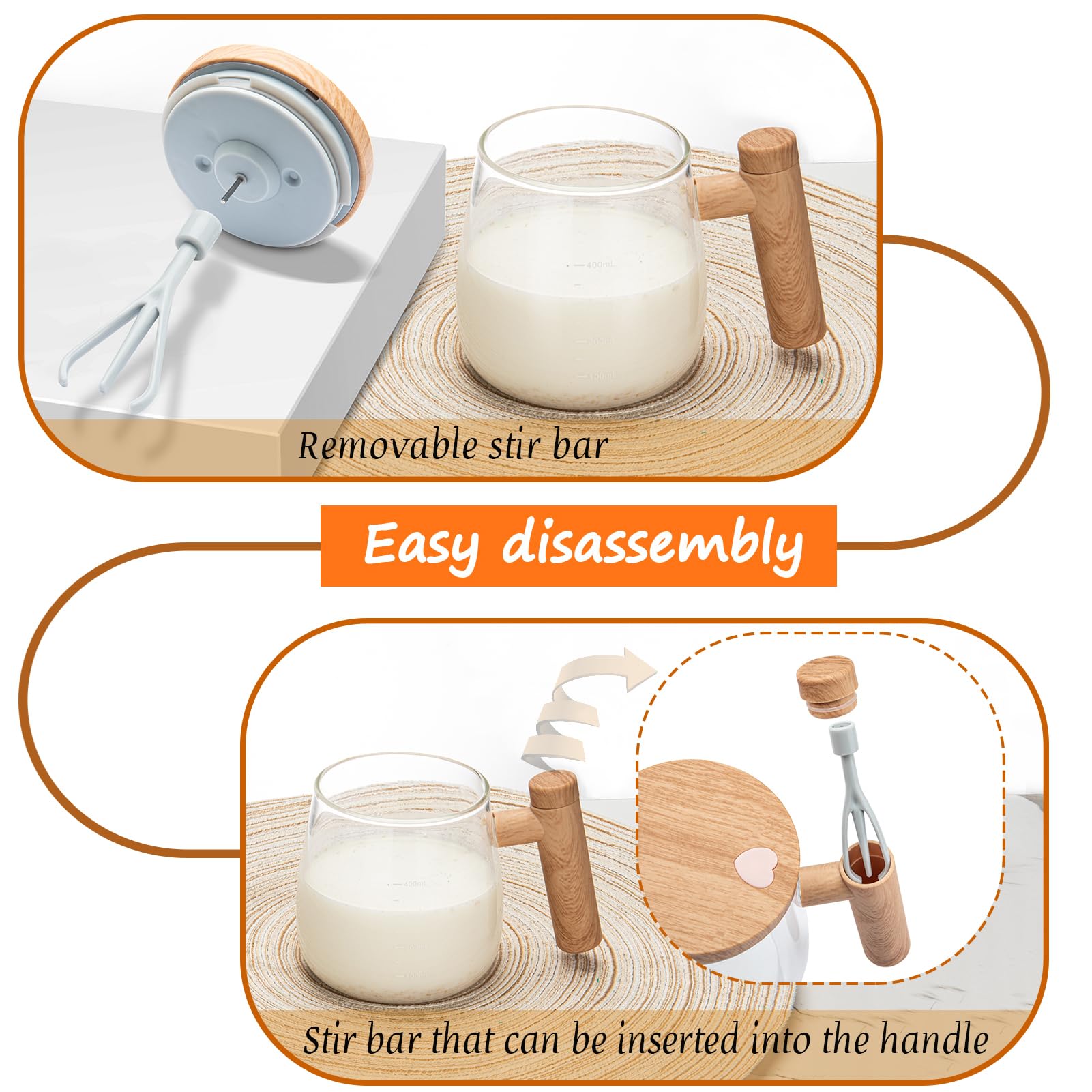 ZRHXG Self Stirring Mug With Lid, Self Mixing Cup, Electric High Speed Blender Mug, 400ml High Borosilicate Glass Mug Home Office for Coffee, Milk, Protein (Wood grain)
