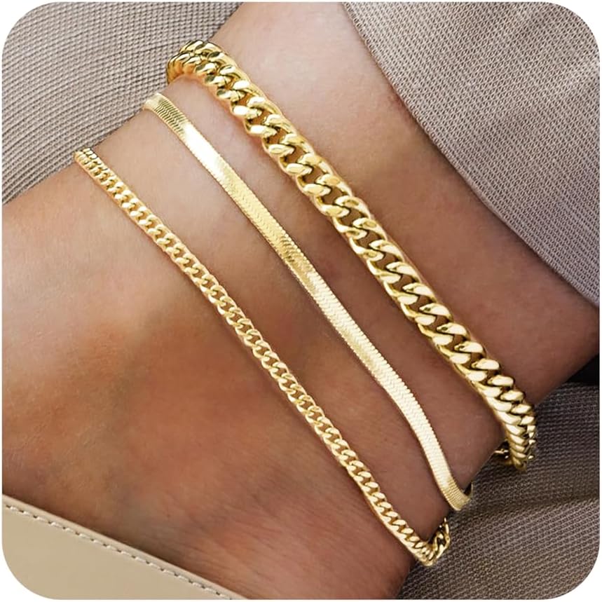 Plus Size Ankle Bracelets for Women - Extra Large 10"+2" Adjustable Anklet 14K Real Gold Plated Trendy Anklet with Strong Lobster Clasp Cuban Link, Figaro, Rope, Snake Herringbone - Summer