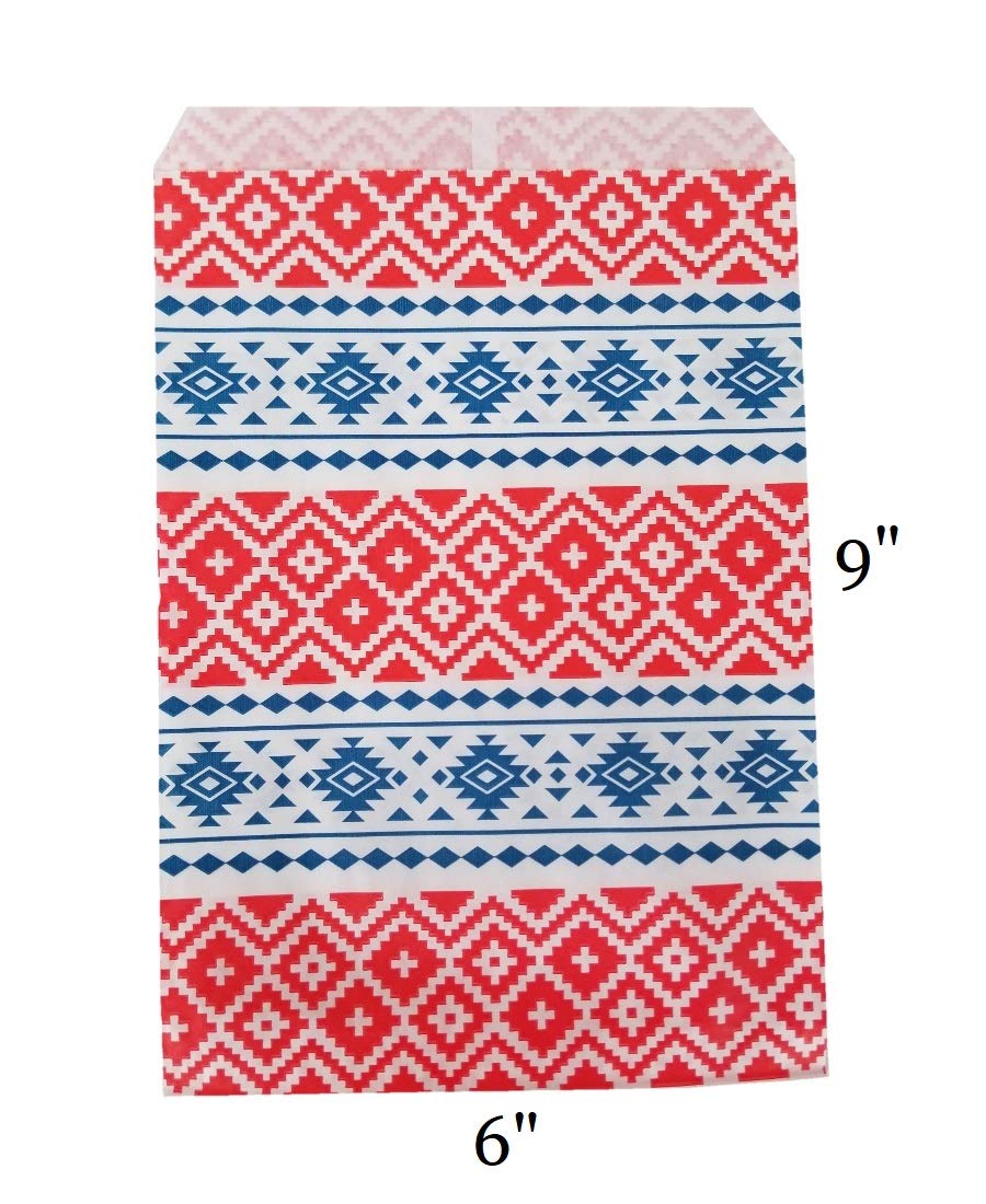 100 Stück flache unifarbene Papiertüten oder gemusterte Tüten für Süßigkeiten, Kekse, Merchandise, Stifte, Gastgeschenke, Geschenktüten (15,2 x 22,9 cm, Tribal-Druck)