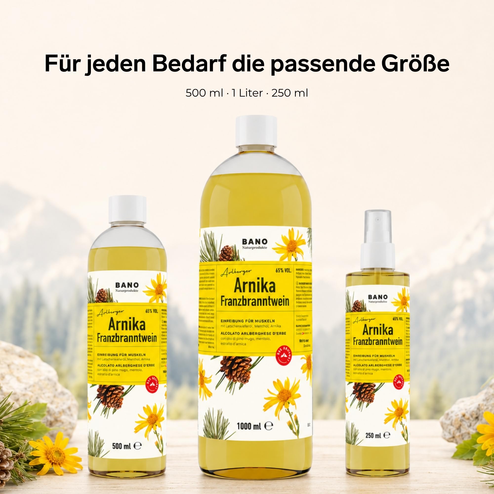 BANO Tiroler Arnika Franzbranntwein 1000ml, Ideal vor und nach Sport, sowie bei Muskelkater, zum Kühlen schwerer Beine, enthält 65% vol. Alkohol, Latschenkieferöl, Menthol und Arnikaextrakt