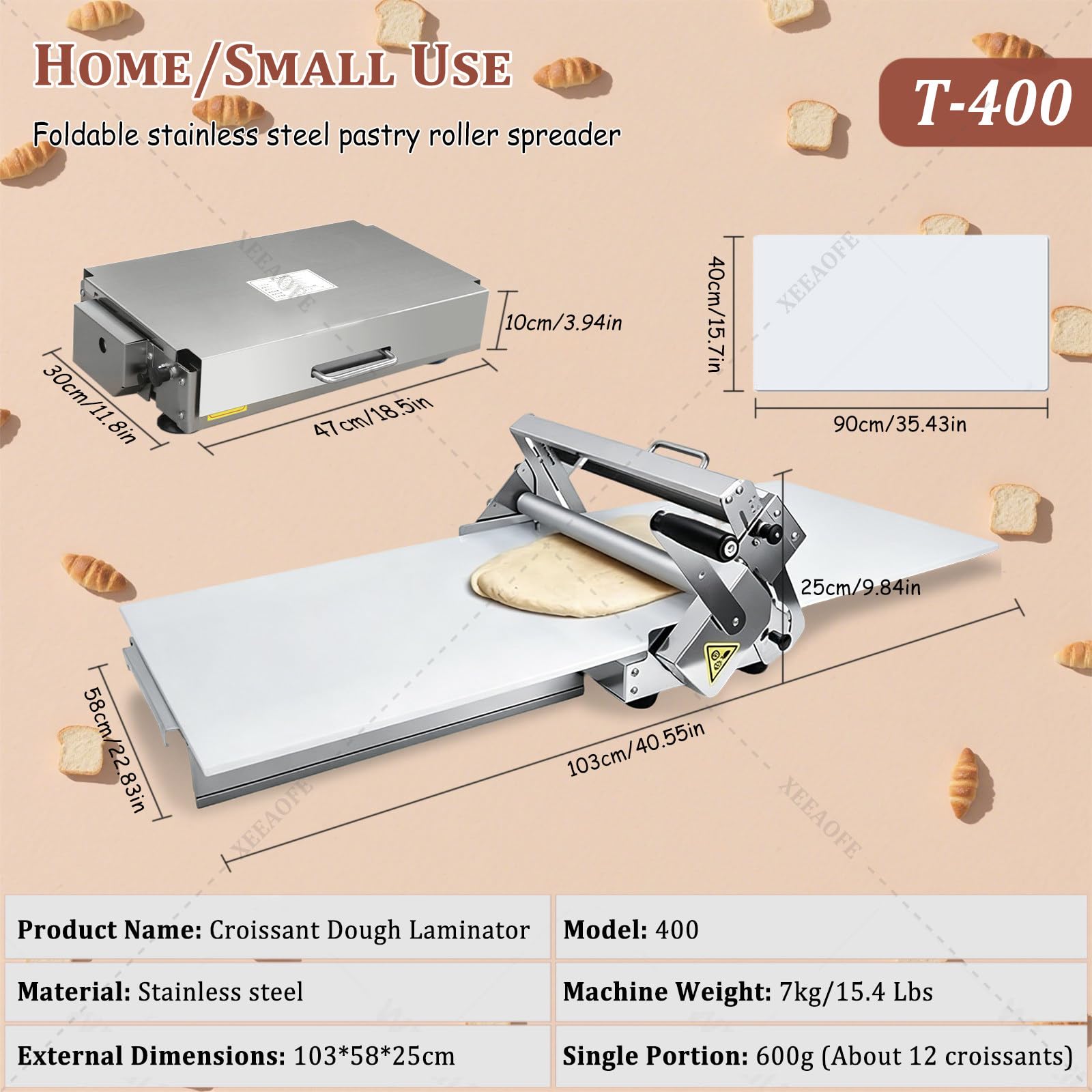 Teigwalze aus Edelstahl, klappbare manuelle Teigrolle mit Einstellbarer Dicke von 0–25 mm, 12"/16" Teigrollmaschine für Croissants, Pizza und gewerbliche Bäckerei T400