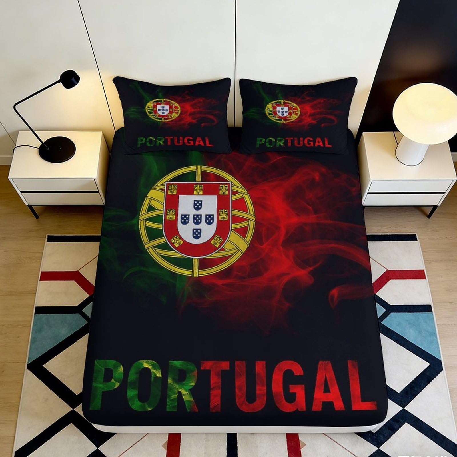 3D Printed Portugal Flag Fitted Sheet Microfiber Soft Red Green Bed Cover for Bedroom Guestroom Dorm Mattress Protection 90x200x25cm