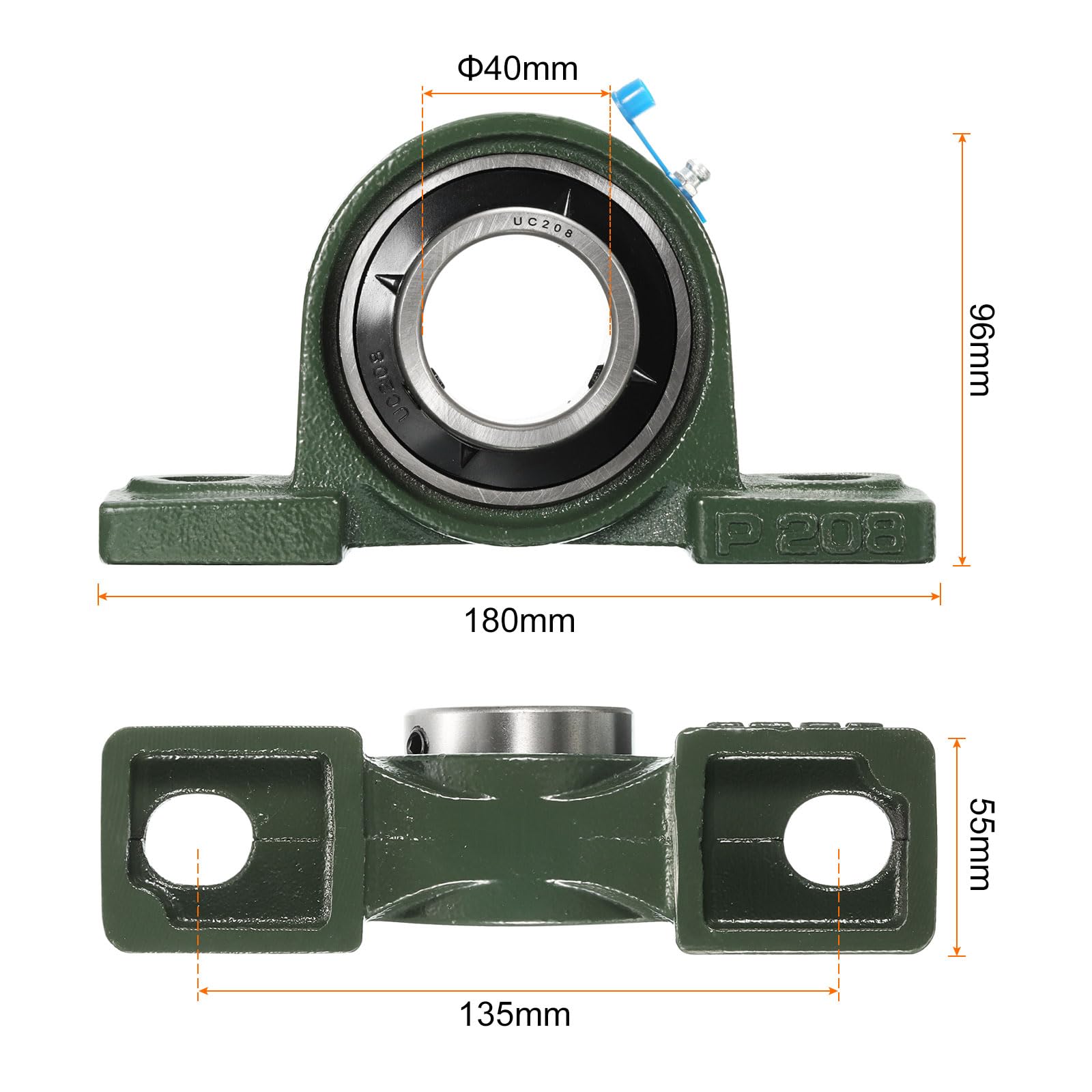 2Pcs de Paliers à Semelle UCP208, Alésage de 40mm, Auto-Alignement, Base en Fonte Solide, Roulements en Acier Chromé