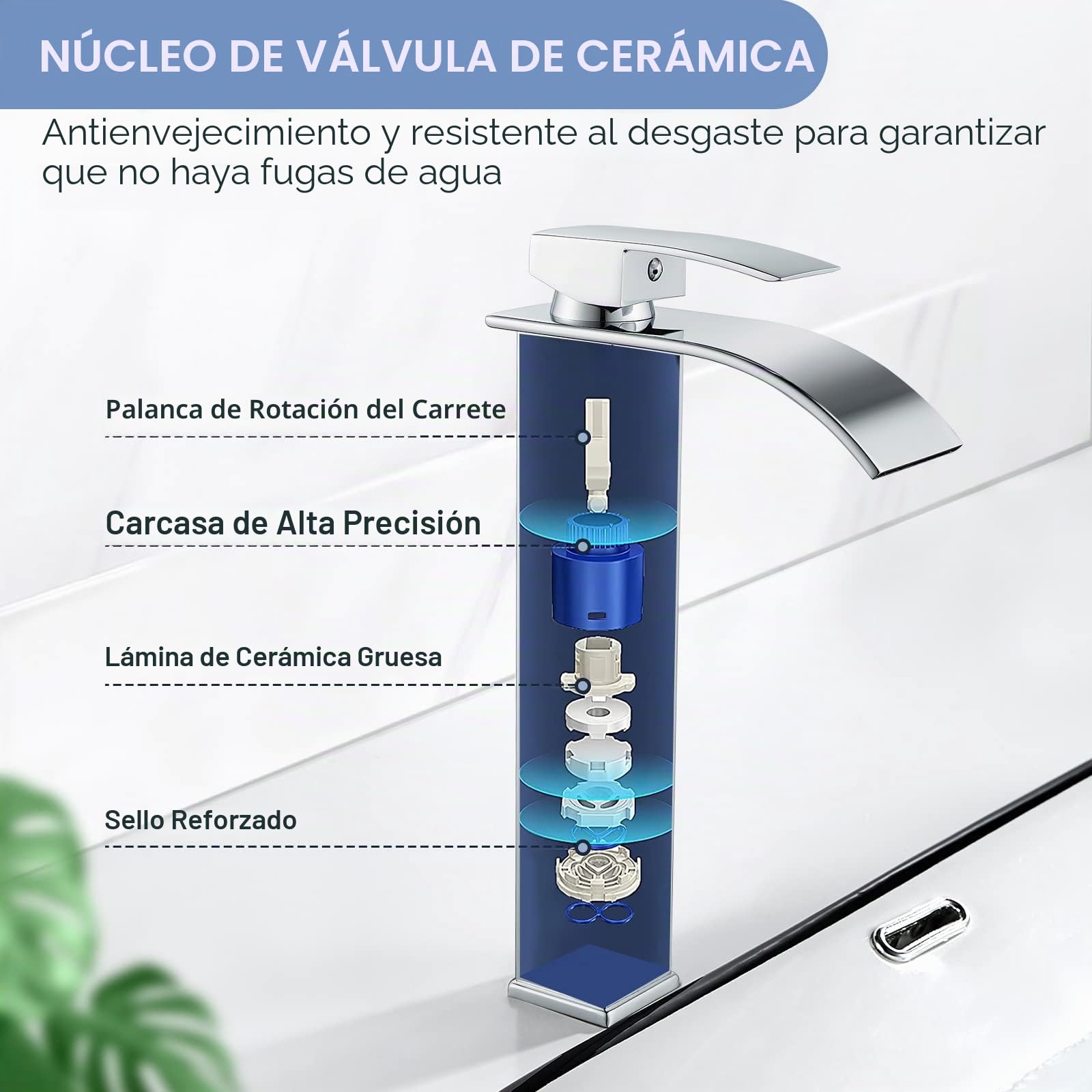 Grifo de Lavabo Alto Cascada Moderno, Mezclador Monomando Lavabo con Prima Valvula de Ceramica, Grifo de Baño Alto Cascada, Agua Fria y Caliente Disponible, Latón Cromado | Monomando, cartucho cerámico, agua caliente/fría, conexión G3/8, flexible 60 cm in