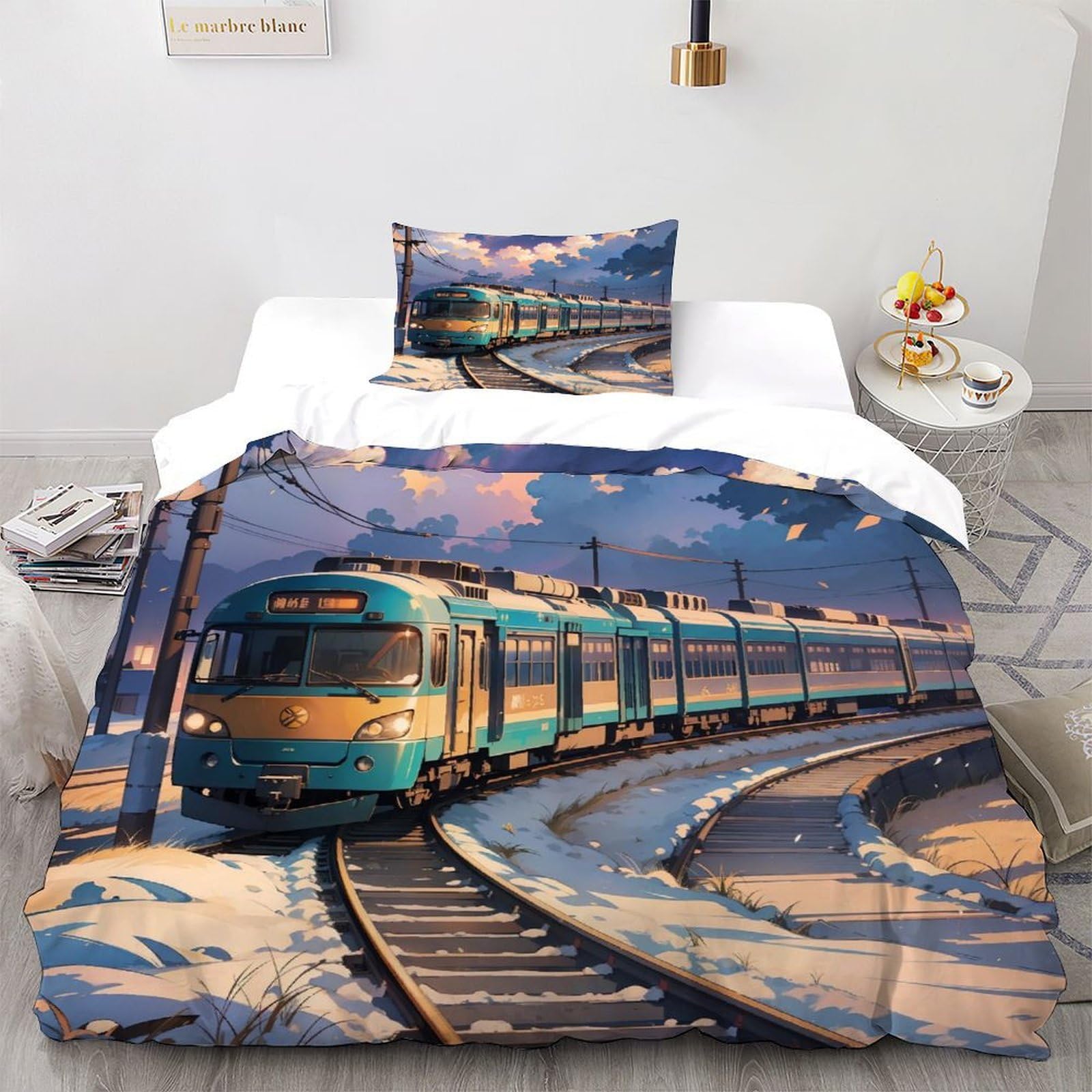 Train Bedding Set for Comforter Polyester Scenery Duvet Cover 2 Pcs for Children Teens And Adults -1 Pillow Shams, Single（135x200cm）