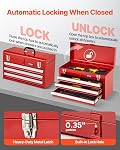 VEVOR Metal Tool Box, 20.5-inch, Portable Metal Tool Box with 3 Drawers, Small Tool Chest with EVA Liners, Ball Bearing Slide Drawers Locking & Powder Coated Finish, Multi-Function Tool Organizer, Red
