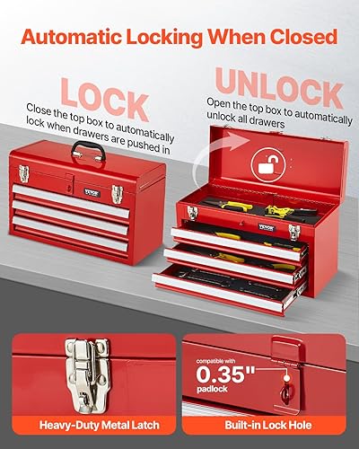 Miniatura 3 de VEVOR Caja de herramientas de metal, 20.5 pulgadas, caja de herramientas de metal portátil con 3 cajones, pequeño baúl de herramientas con forro