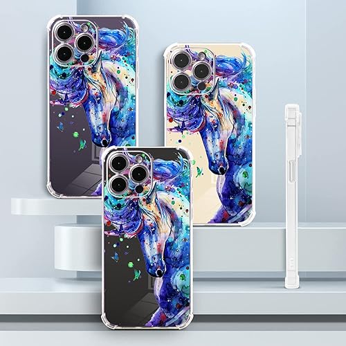 Miniatura 5 de Funda púrpura para iPhone 14 Pro Max con diseño de caballo azul, patrón de acuarela con protector de pantalla Buffertech impacto de caída de 6.6