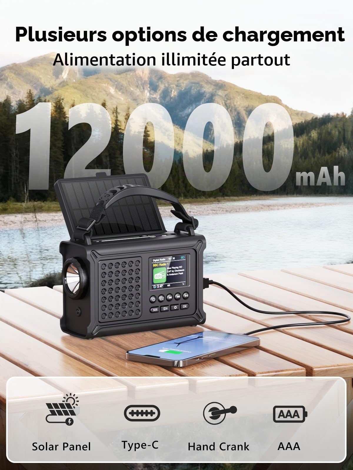 ROCAM Radio d'urgence Dab+/FM avec Bluetooth, Radio Numérique Portable 12000mAh avec Panneau Solaire 8500mm² & Manivelle 650mA, Écran Couleur 2,4", 80 Stations, SOS, Lampe LED, USB, IPX6 pour Camping