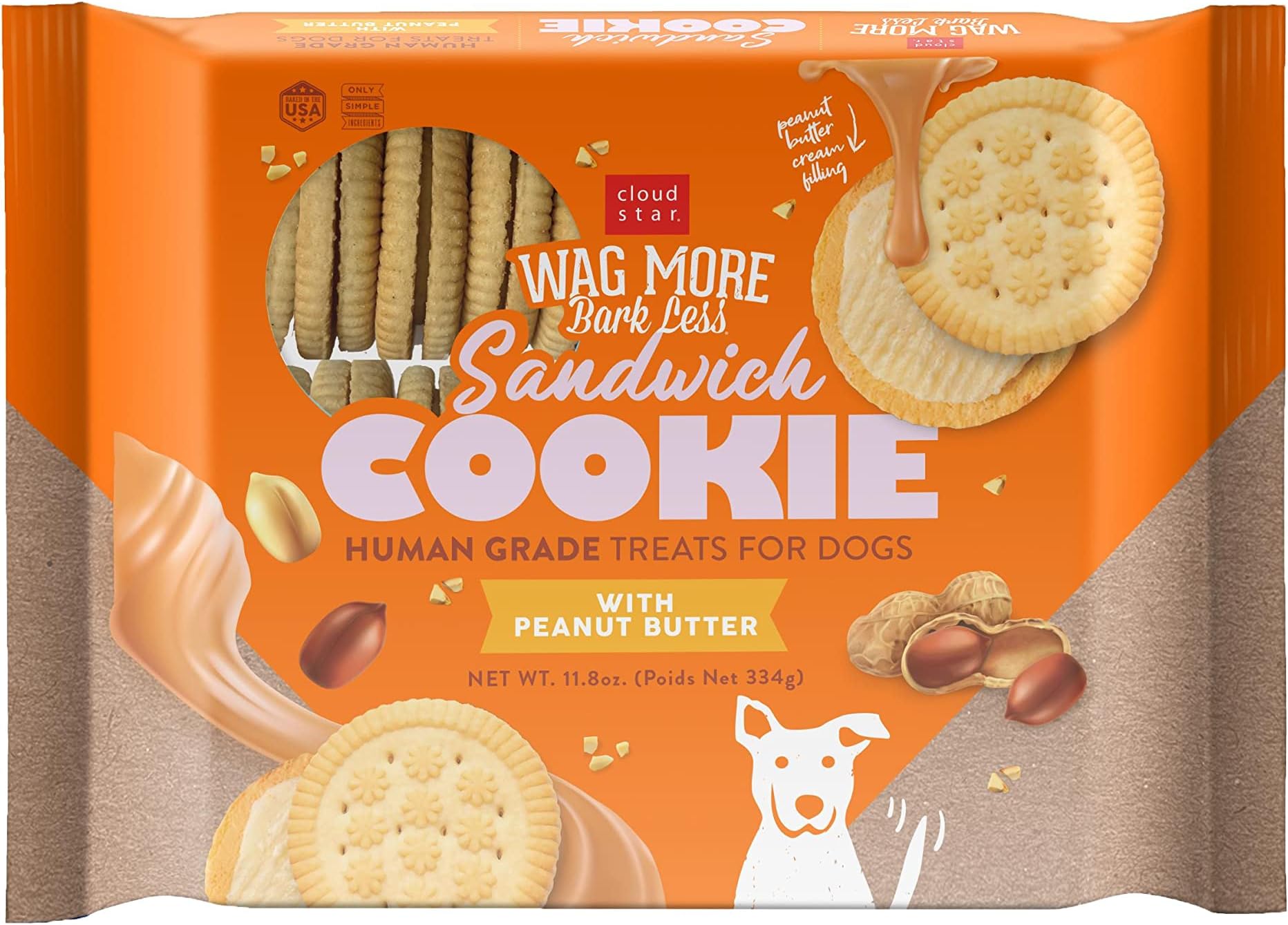 Cloud Star Wag More Bark Less Human Grade Sandwich Cookie: Peanut Butter - 11.8oz