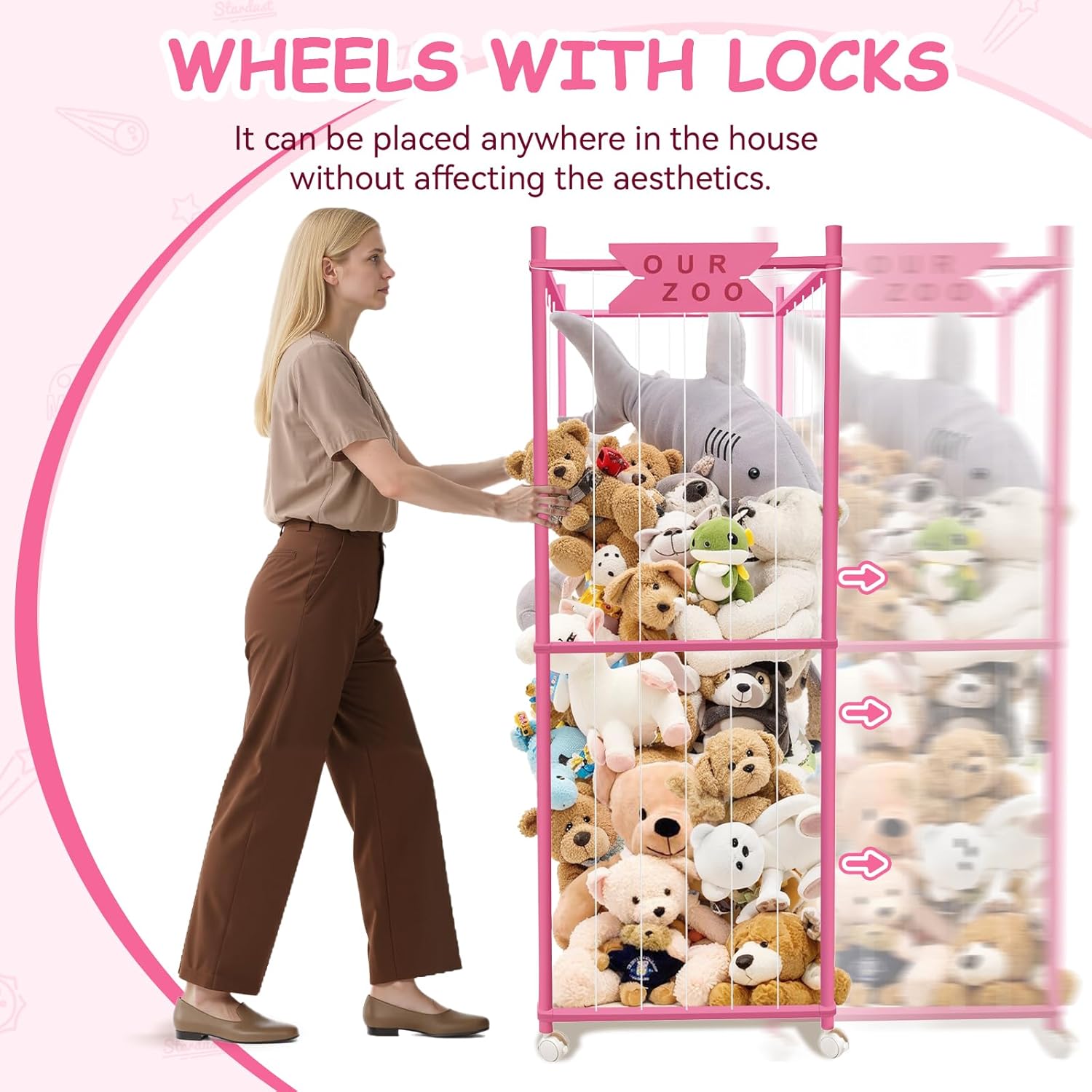 Stuffed Animal Storage Zoo with Wheels, Wooden Large Stuff Animals Plushies Holder Toy Organizer Kids Plush Storage Cage with Elastic Band and Net for Nursery Playroom Corner for Toddler (Pink)