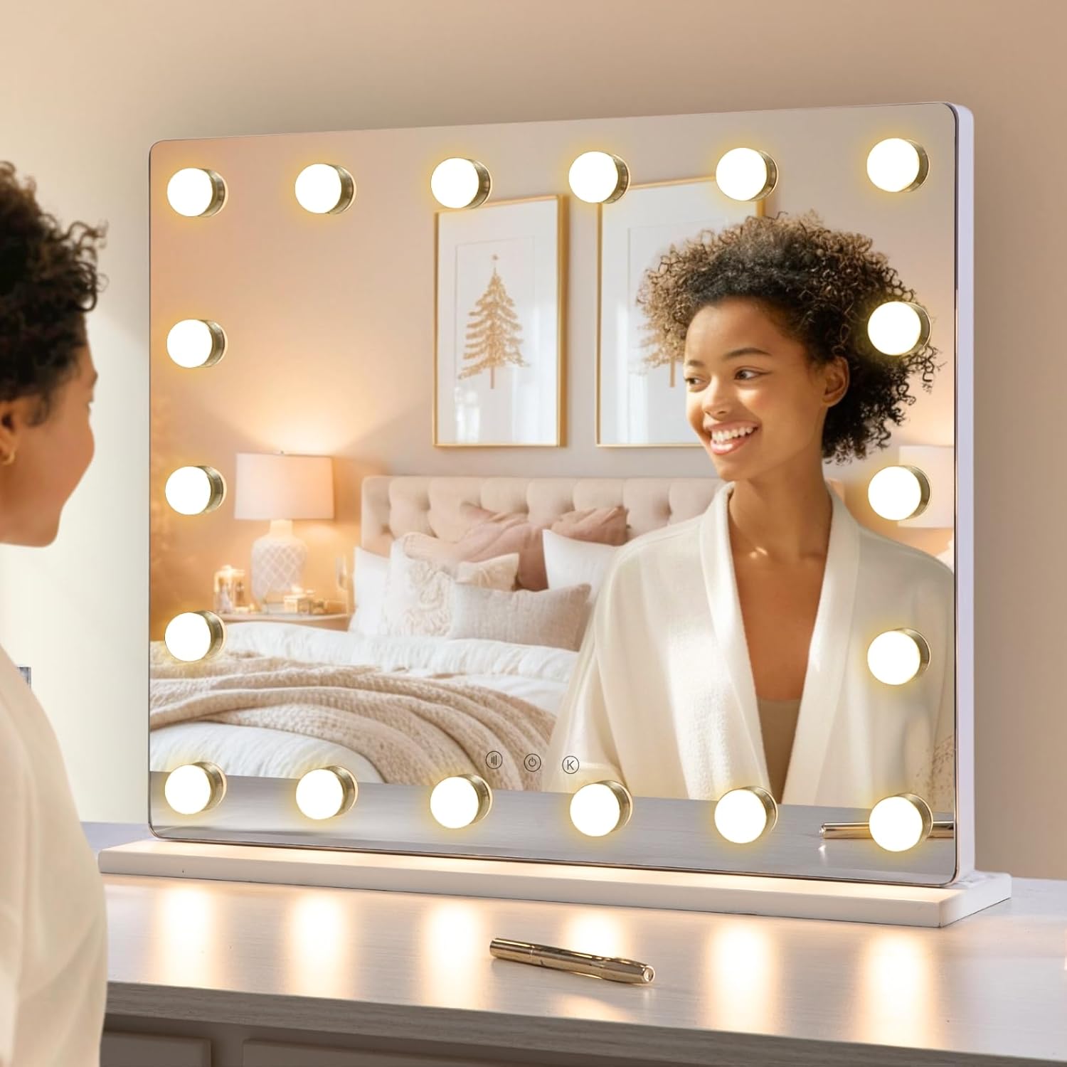 LUXFURNI Large Hollywood Vanity Mirror with Lights, 25" Lx21 W Lighted Makeup Mirror with 18 Dimmable Bulbs, Smart Touch Control 3 Color Lighting Modes, White White 25"L x 21"W