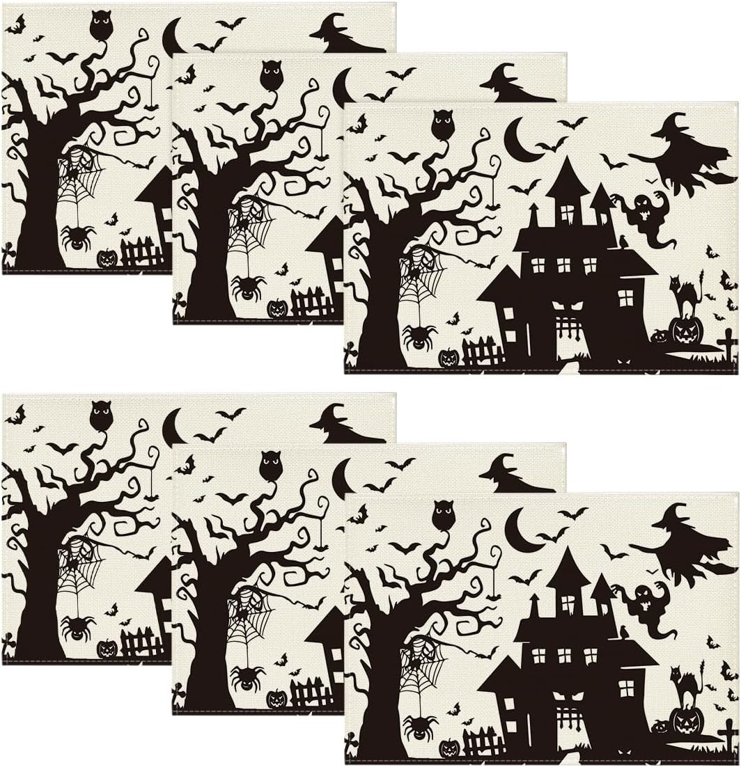 Artoid Mode Orange Spooky Haunted House Witch Halloween Placemats Set of 4, 12x18 Inch Seasonal Table Mats for Party Kitchen Dining Decoration