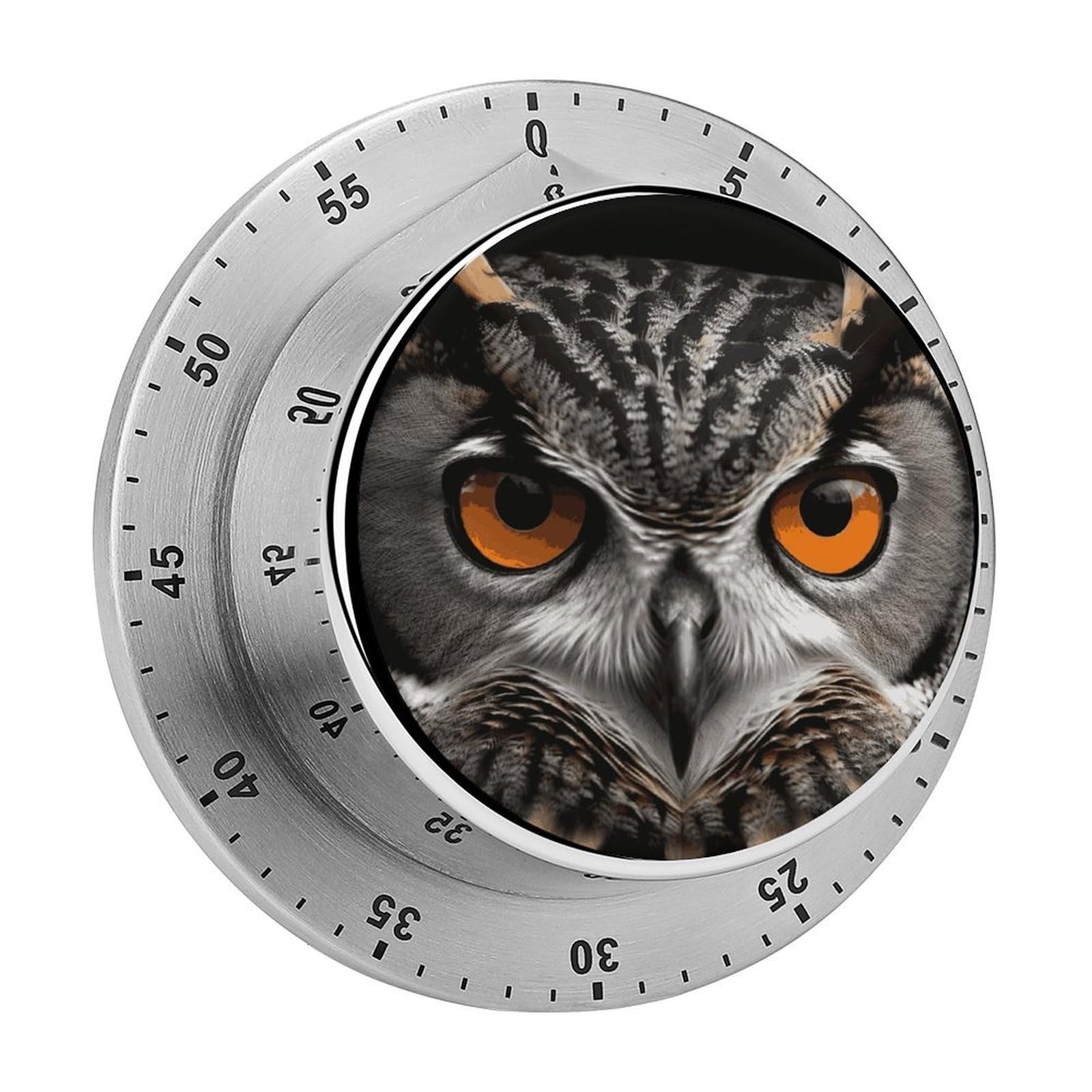 Mechanical Kitchen Timer with Magnetic Back, Stainless Steel Manual Owl Eyes Printed Timer for Cooking and Time Management