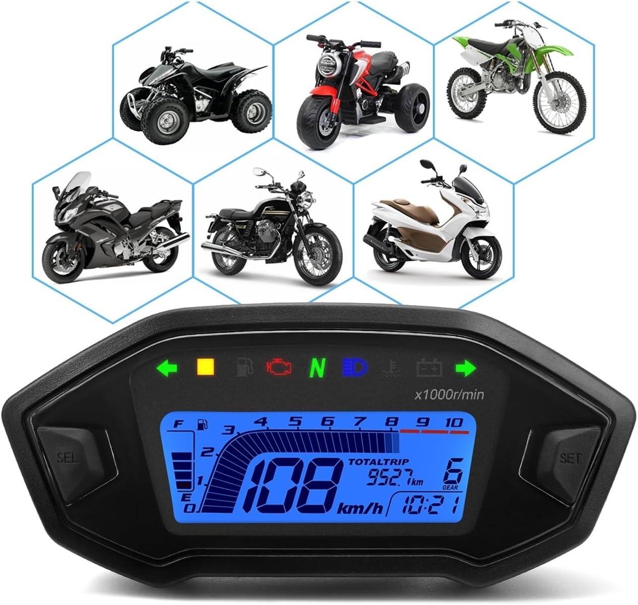 Motorcycle Speedometer Gauge Universal for 1,2,4 Cylinder 10000RPM Motorcycle Display Tachometer Odometer Tachometer with Digital Sensor Dashboard Gauge