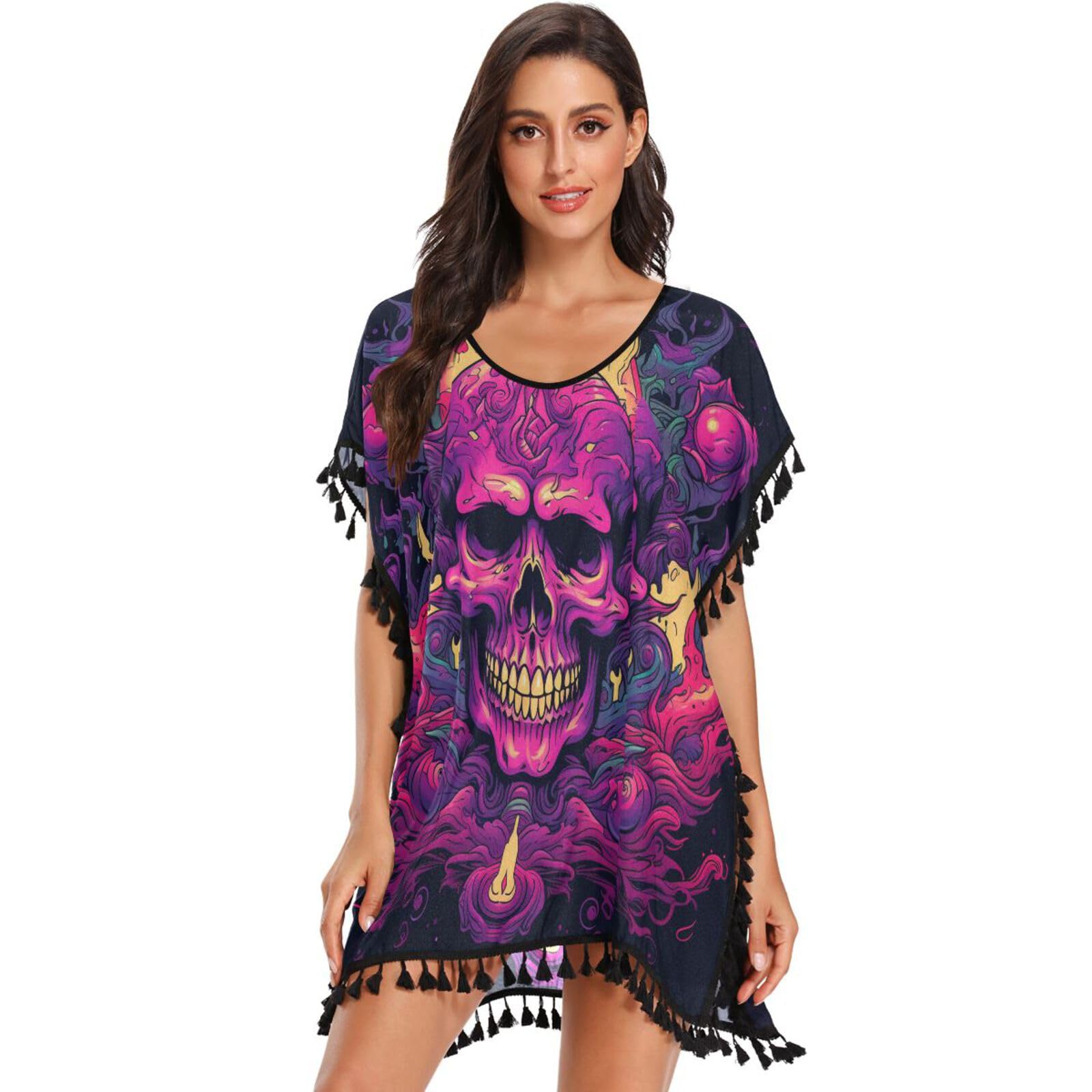 Cool Abstract Art Skull Women's Beach Cover Up Chiffon Tassel Swimwear Swimsuit Coverups for Girl